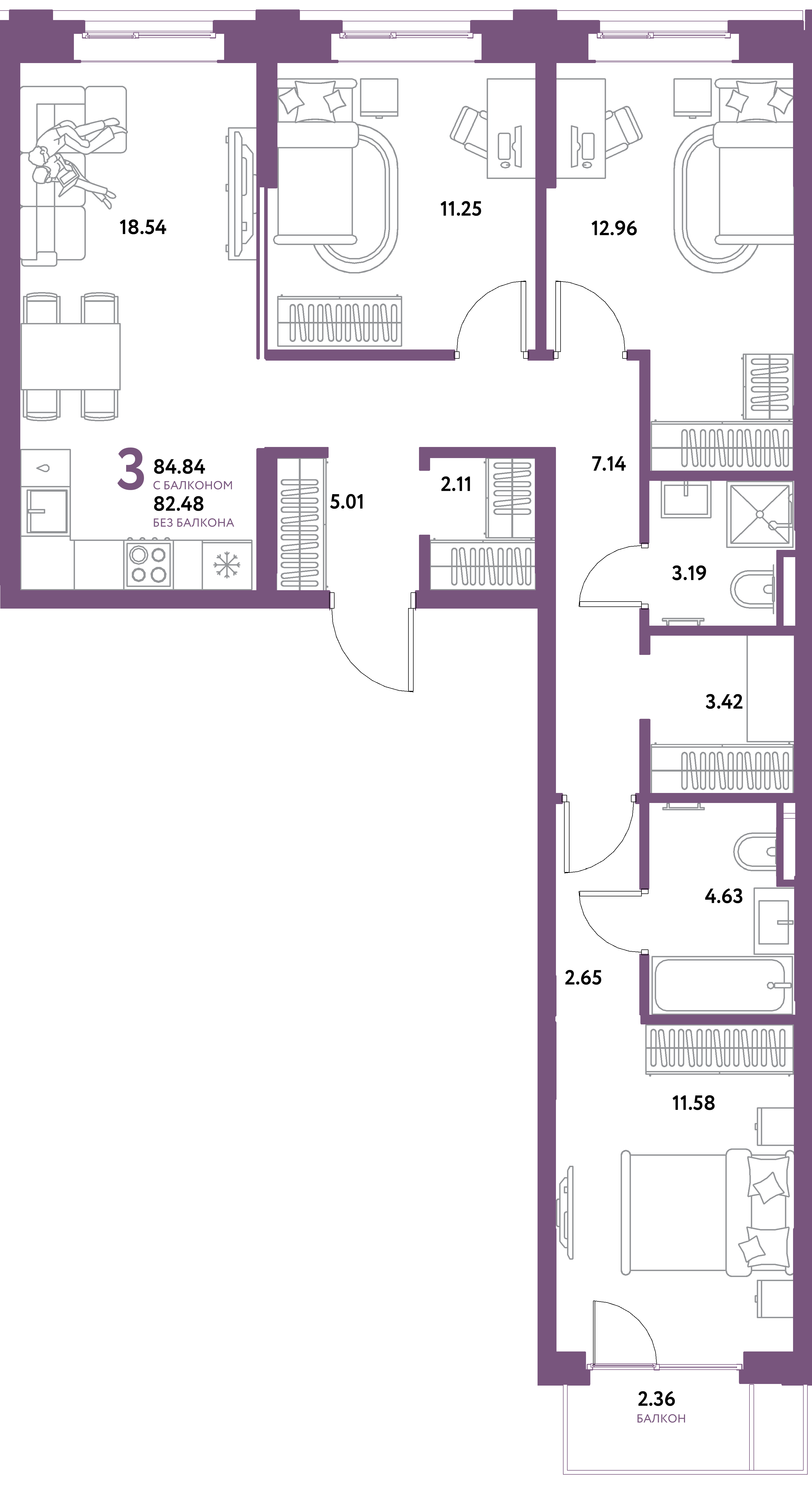 ЖК "Остров-сад"-3-комнатная 84.84 м²