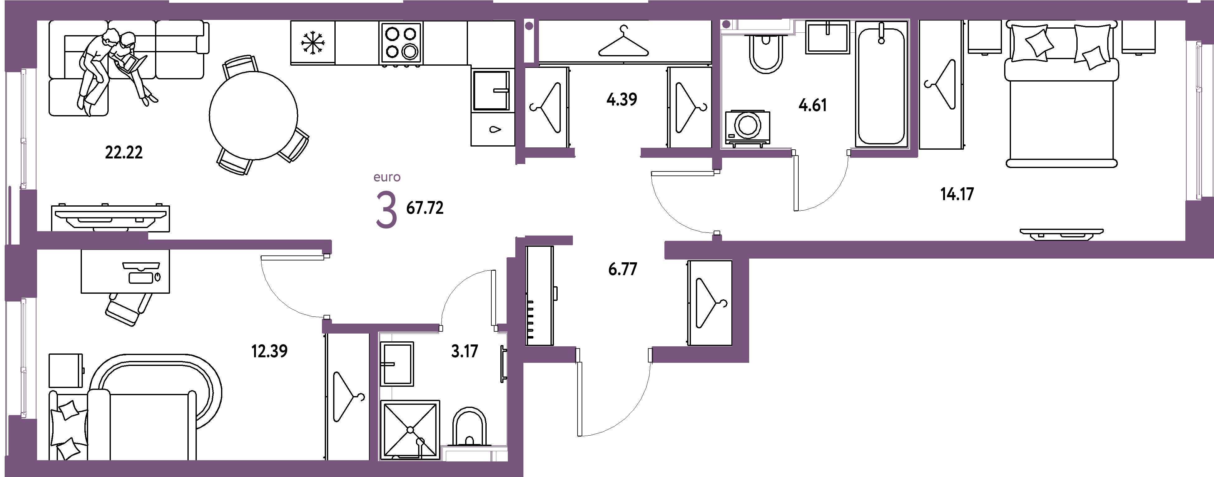 ЖК "Страна.Прибрежная"-3-комнатная 67.72 м²