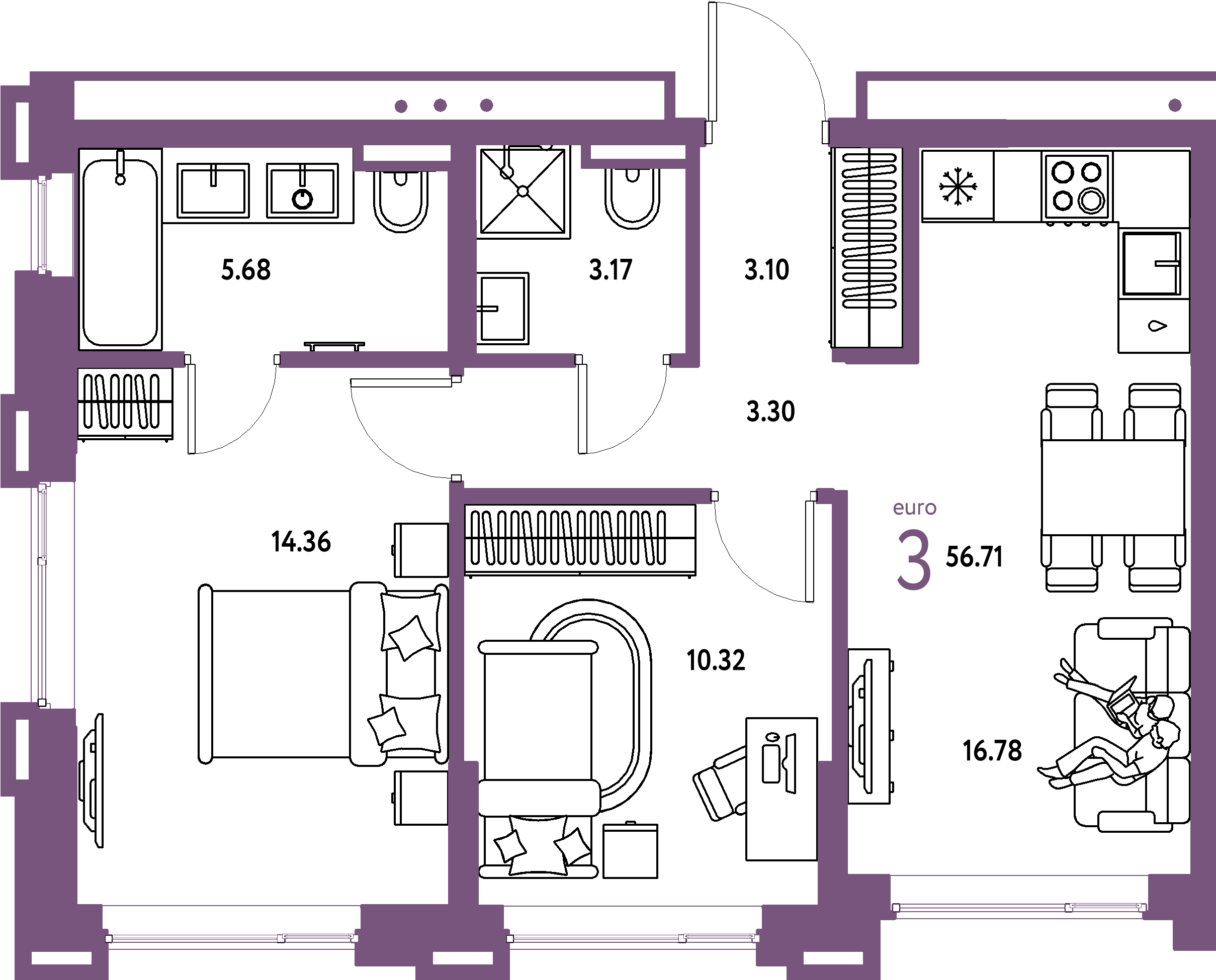 ЖК "Страна.Прибрежная"-3-комнатная 56.71 м²