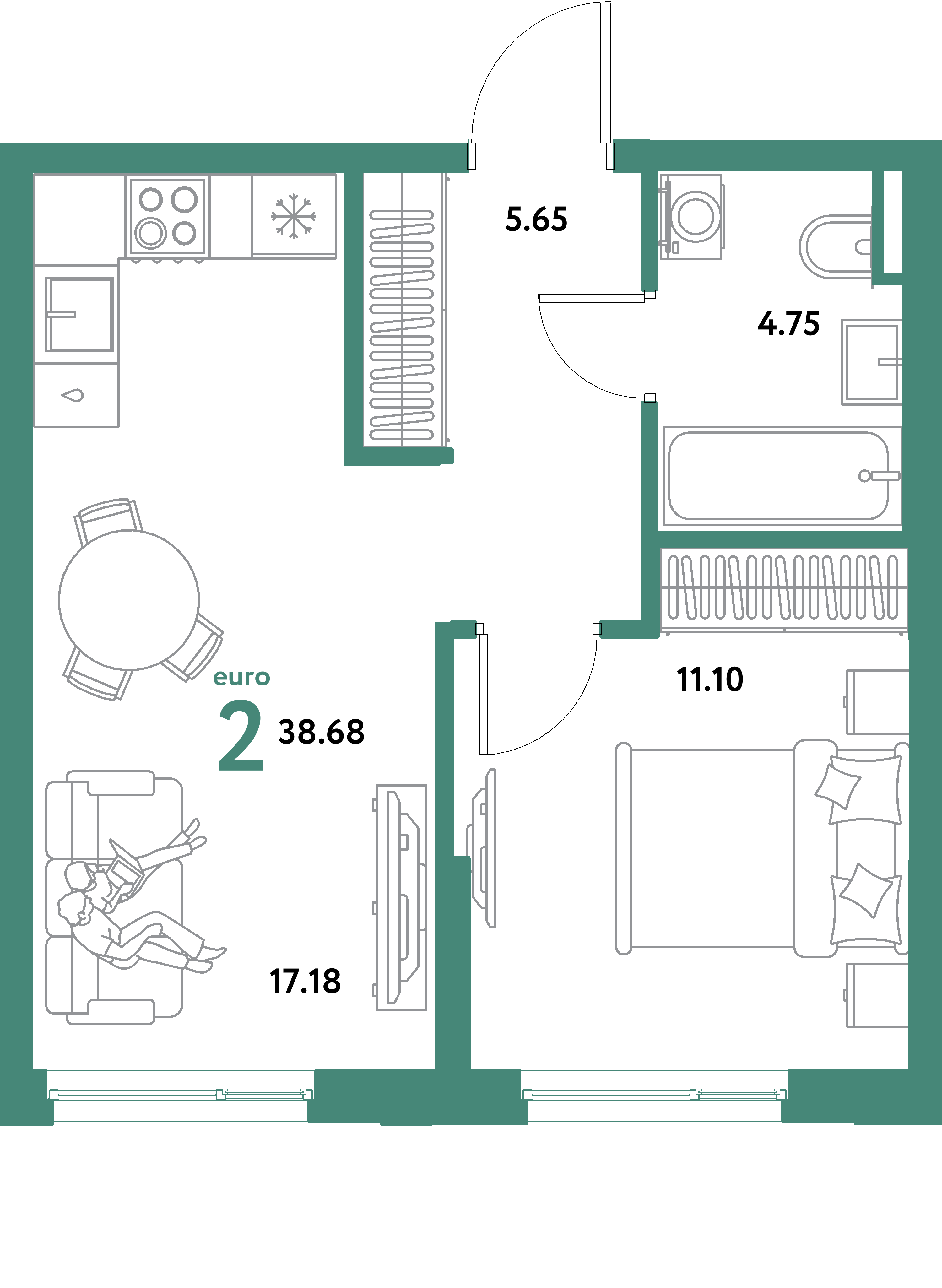 ЖК "Остров-сад"-2-комнатная 38.68 м²