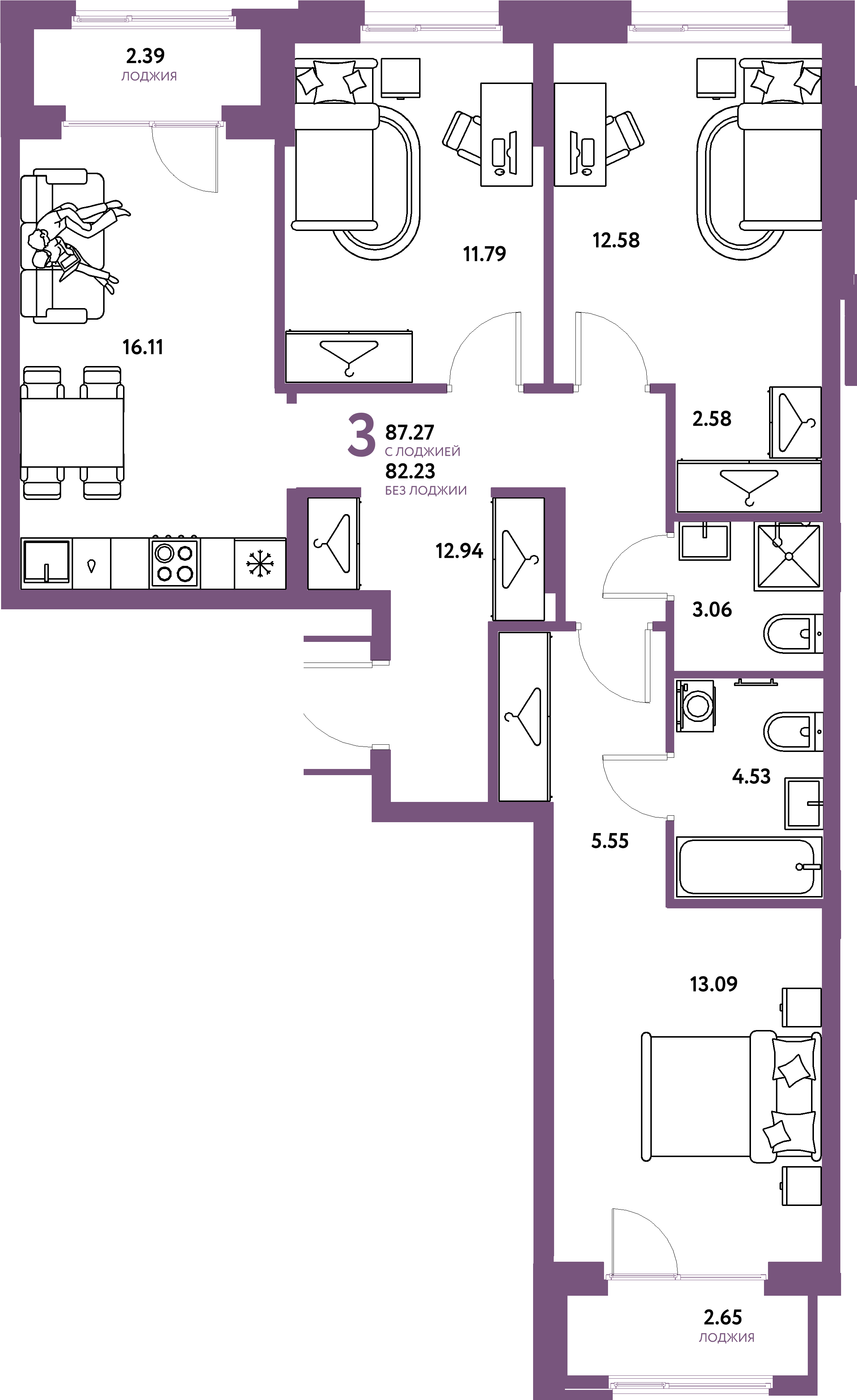 Планировка: 4-комнатная евро 87.3 м² в ЖК Европейский берег 2.0, Европейский