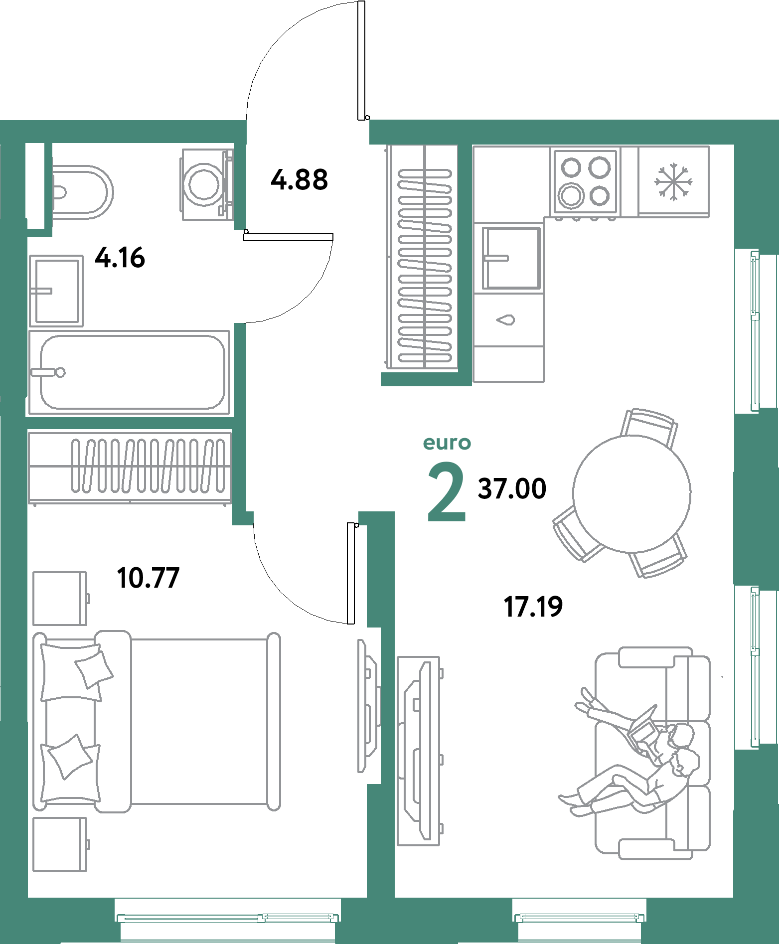 ЖК "Остров-сад"-2-комнатная 37 м²