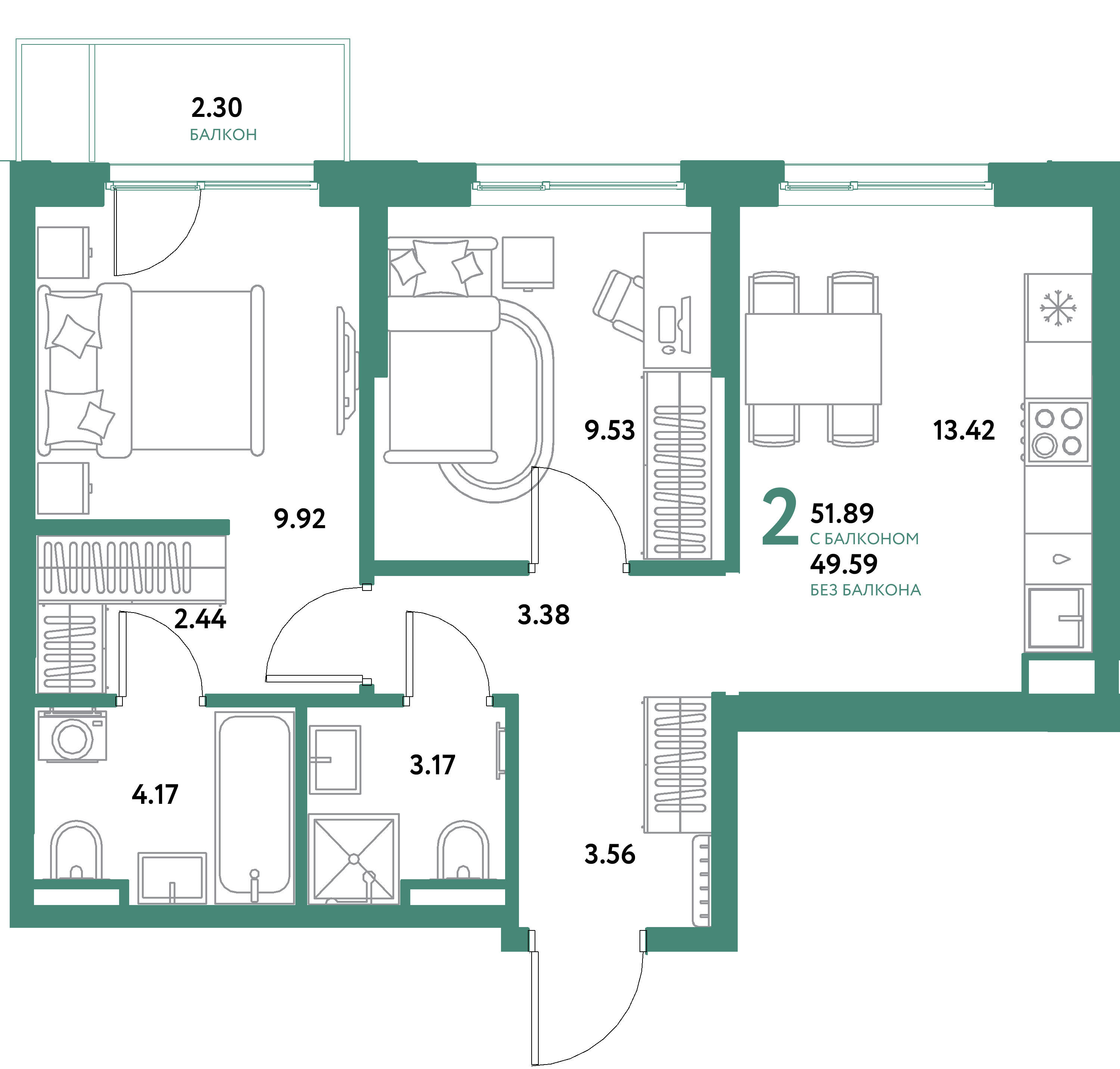 ЖК "Остров-сад"-2-комнатная 51.89 м²