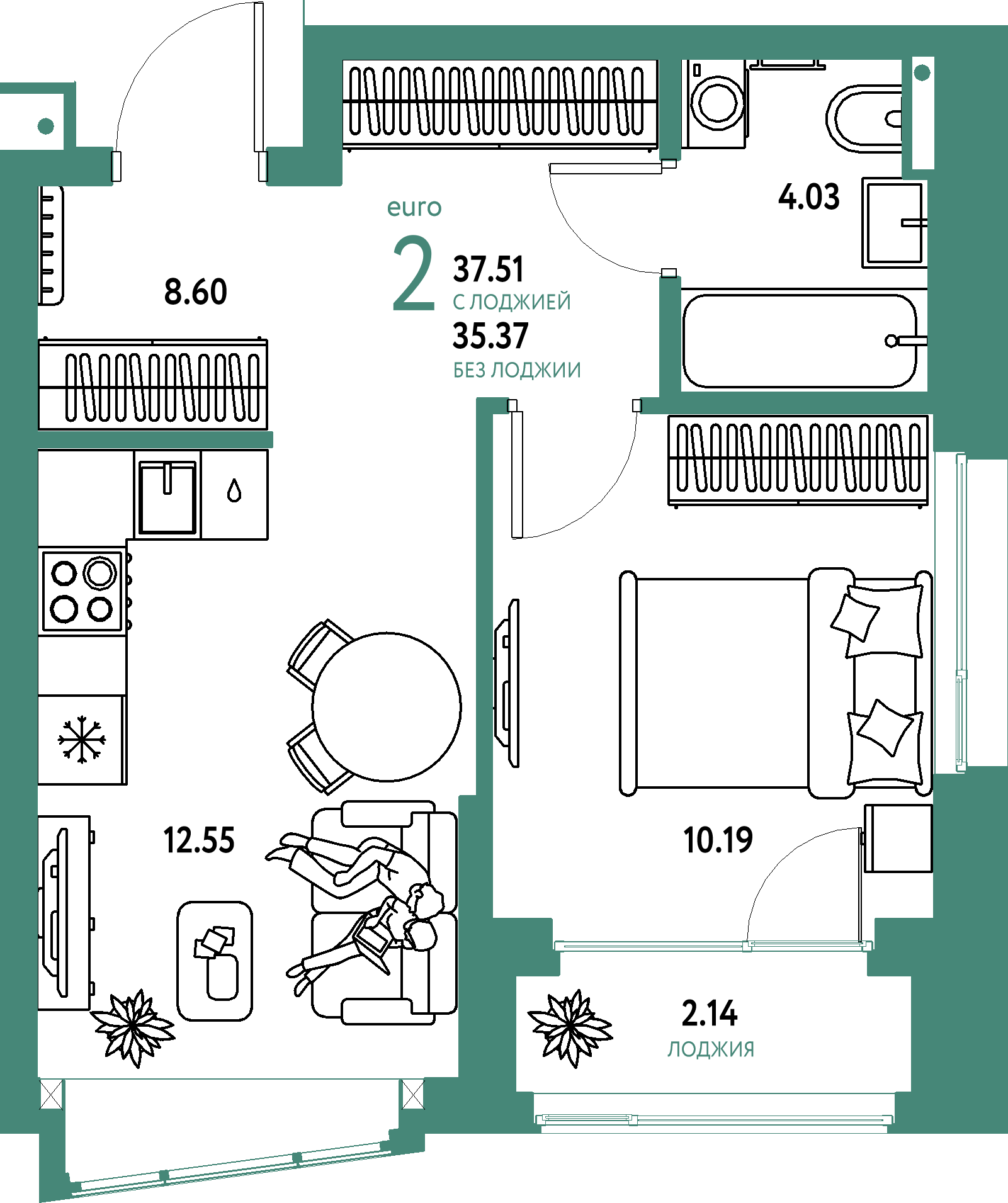 ЖК "Страна.Парковая"-2-комнатная 37.51 м²