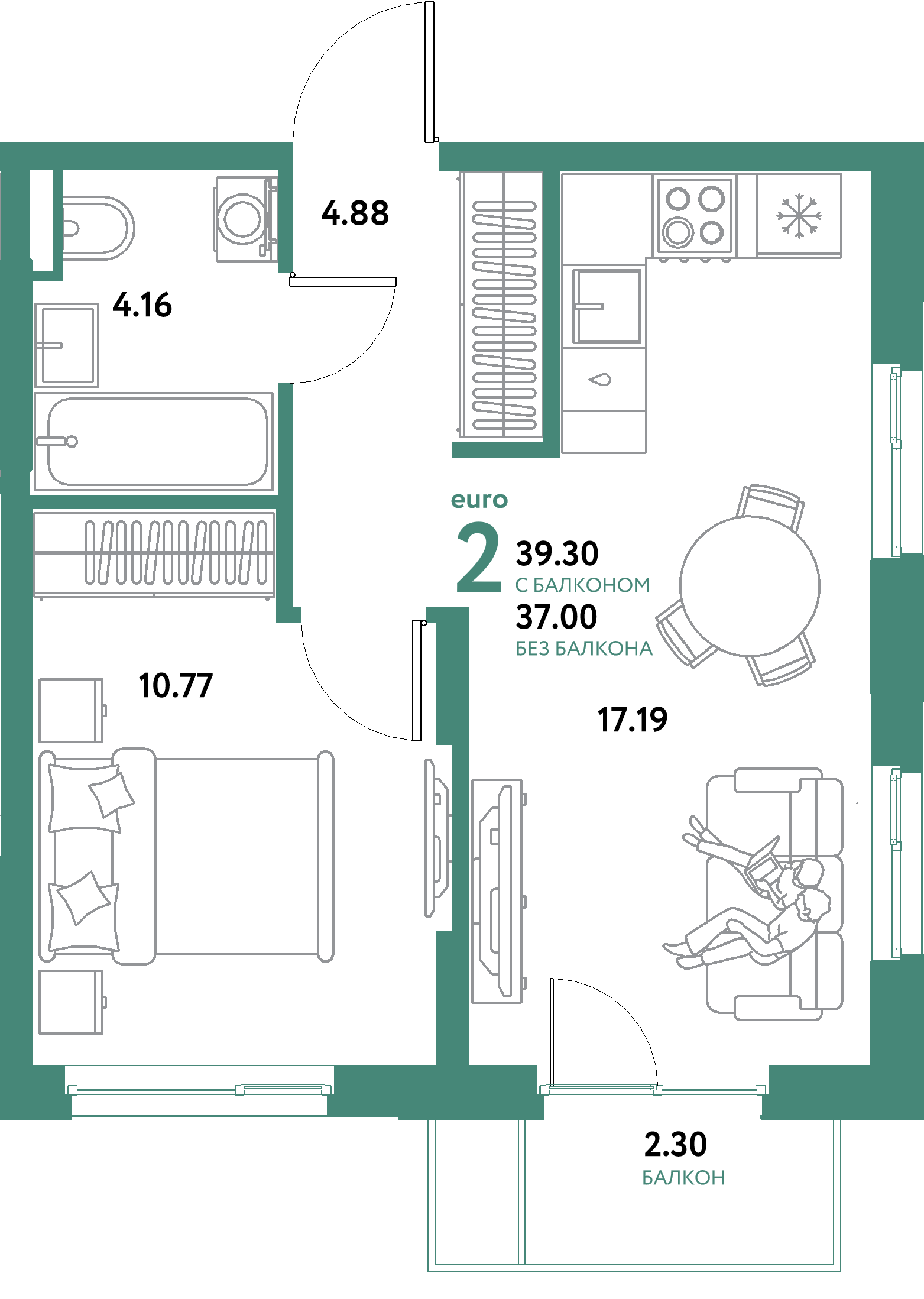 ЖК "Остров-сад"-2-комнатная 39.3 м²