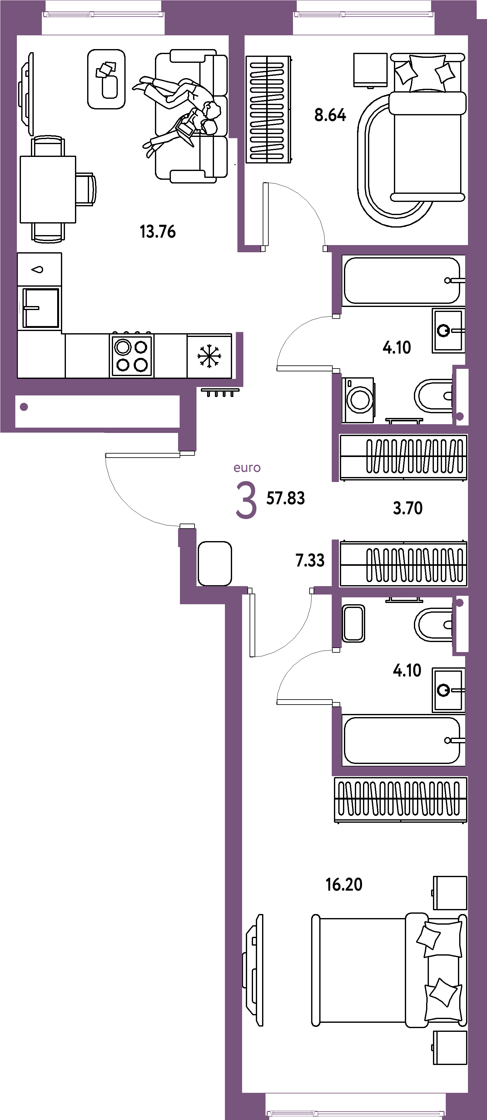 ЖК "Страна.Парковая"-3-комнатная 57.83 м²
