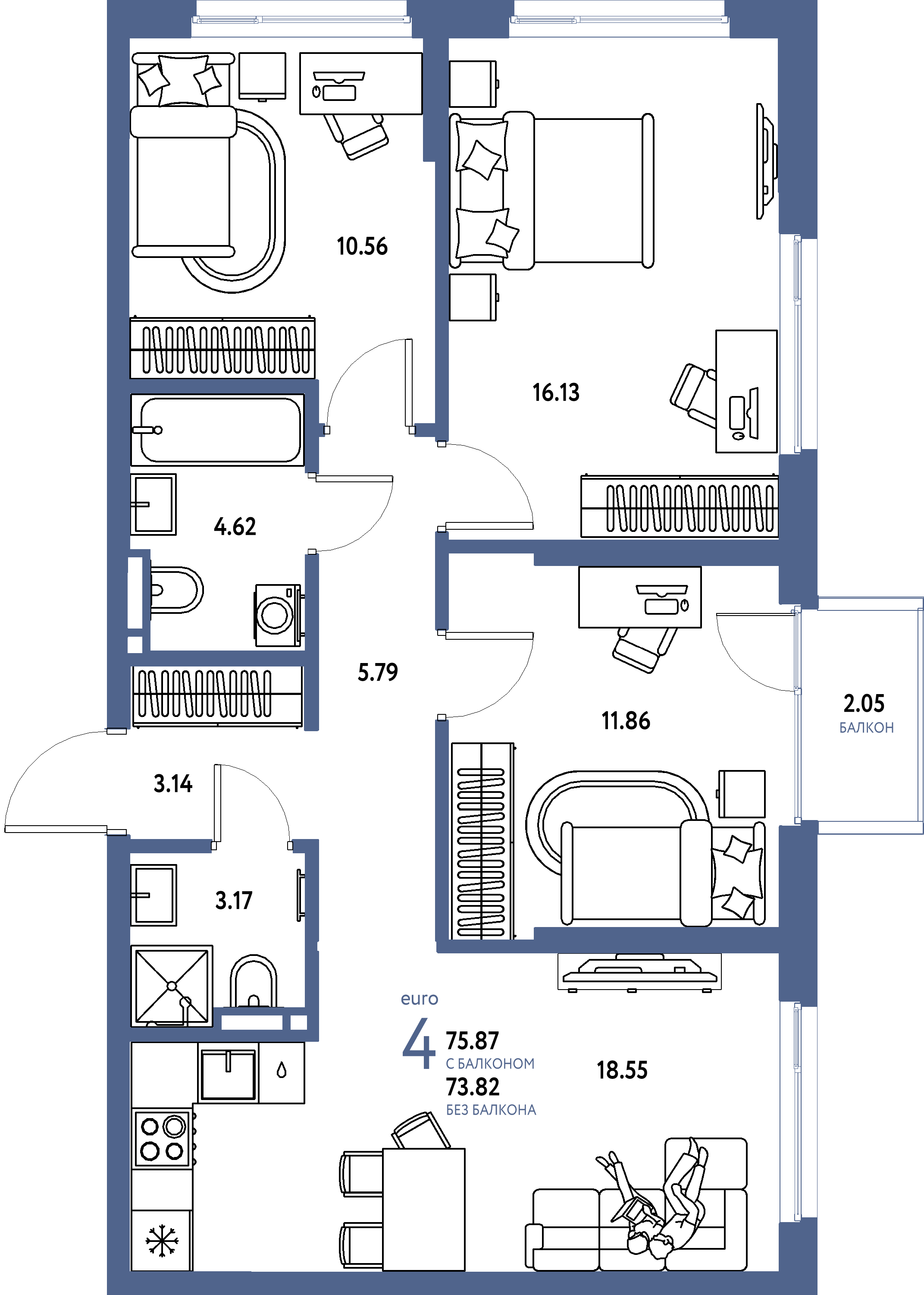 ЖК "Страна.Прибрежная"-4-комнатная 75.87 м²