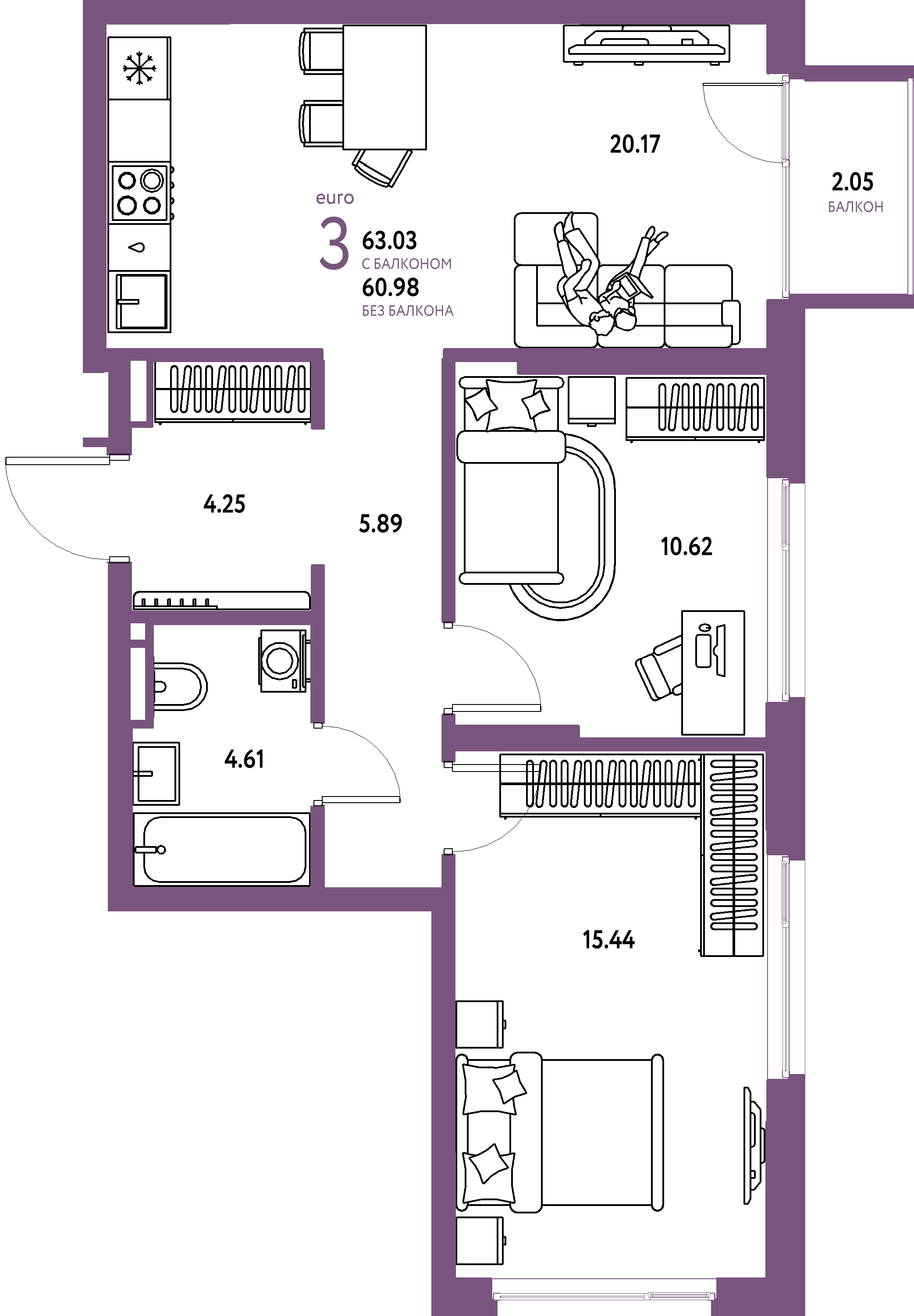 ЖК "Страна.Прибрежная"-3-комнатная 63.03 м²