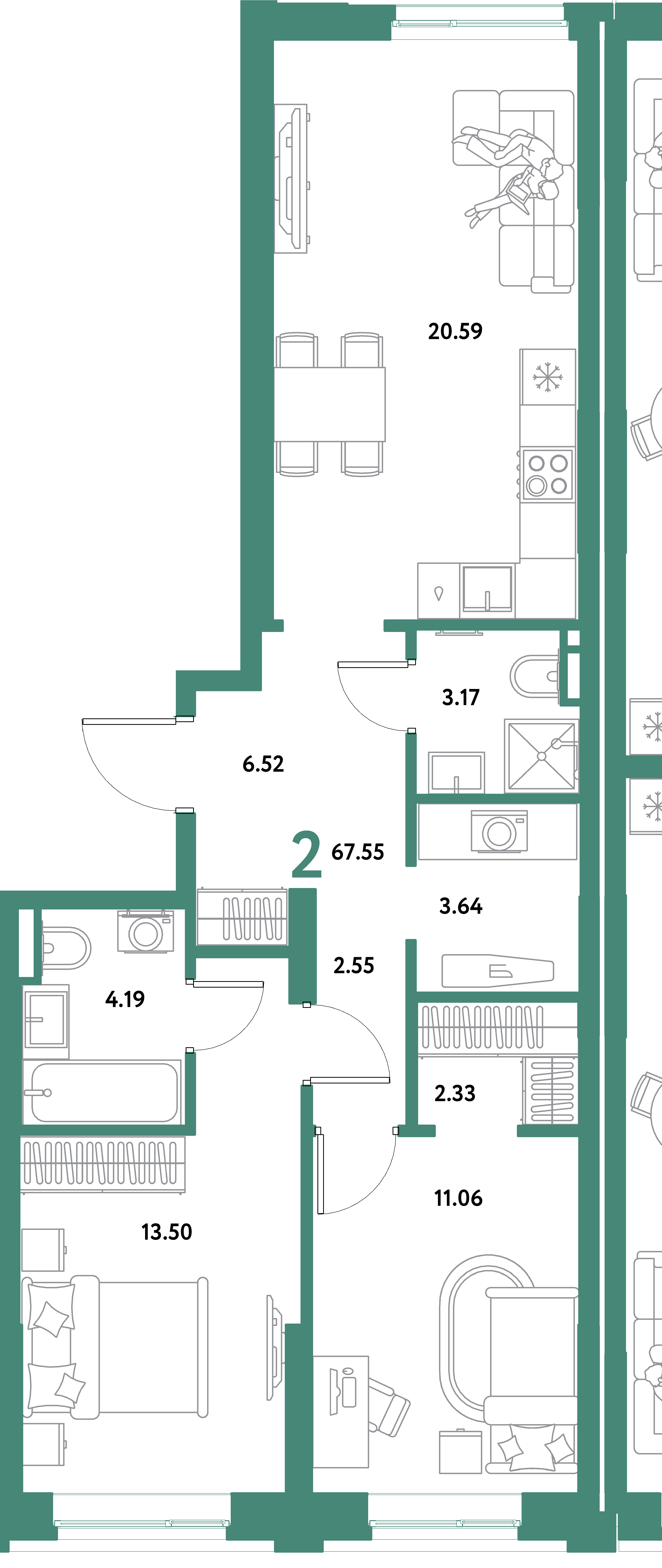 ЖК "Остров-сад"-2-комнатная 67.55 м²