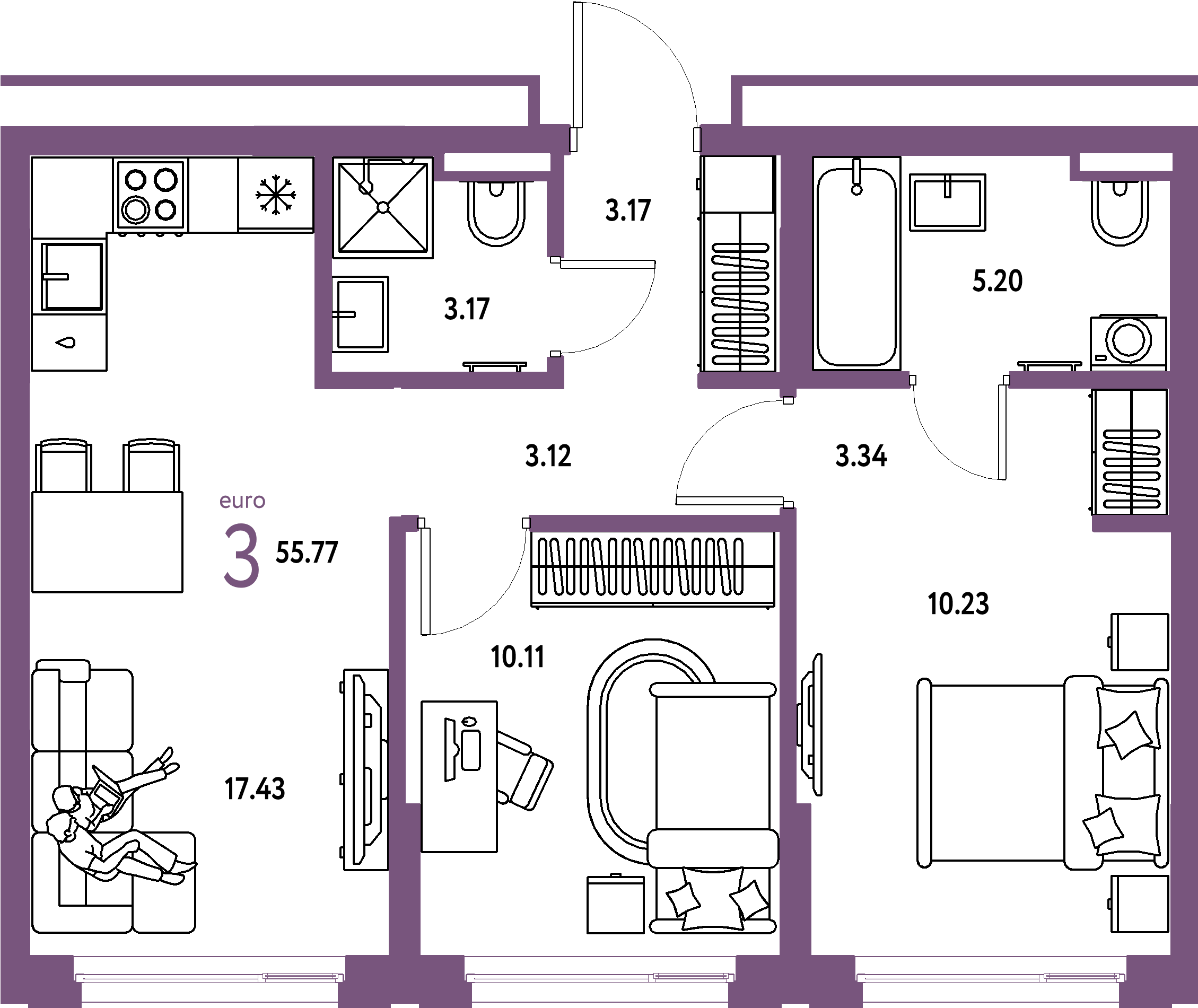 ЖК "Страна.Прибрежная"-3-комнатная 55.77 м²