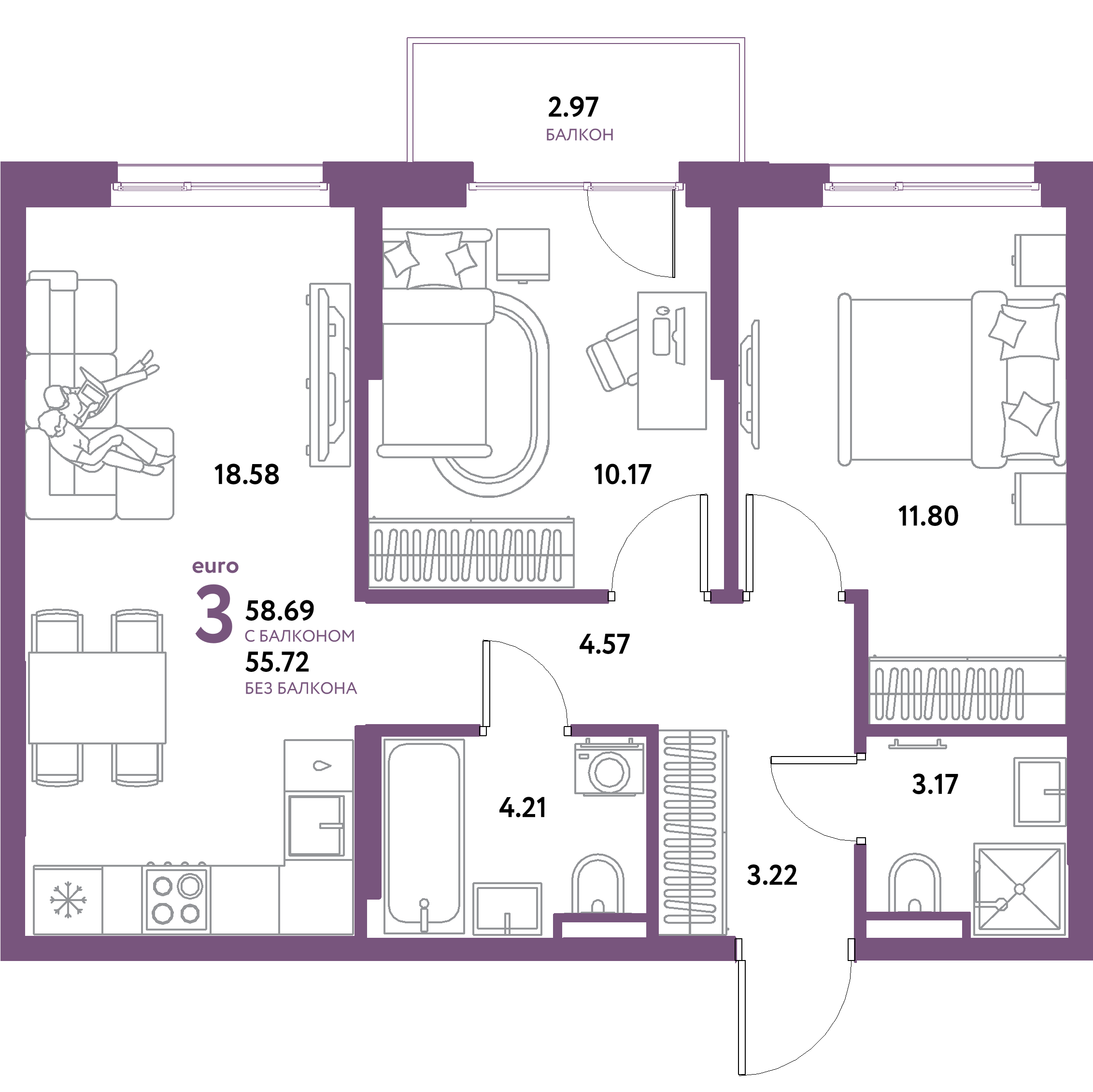 ЖК "Остров-сад"-3-комнатная 58.69 м²