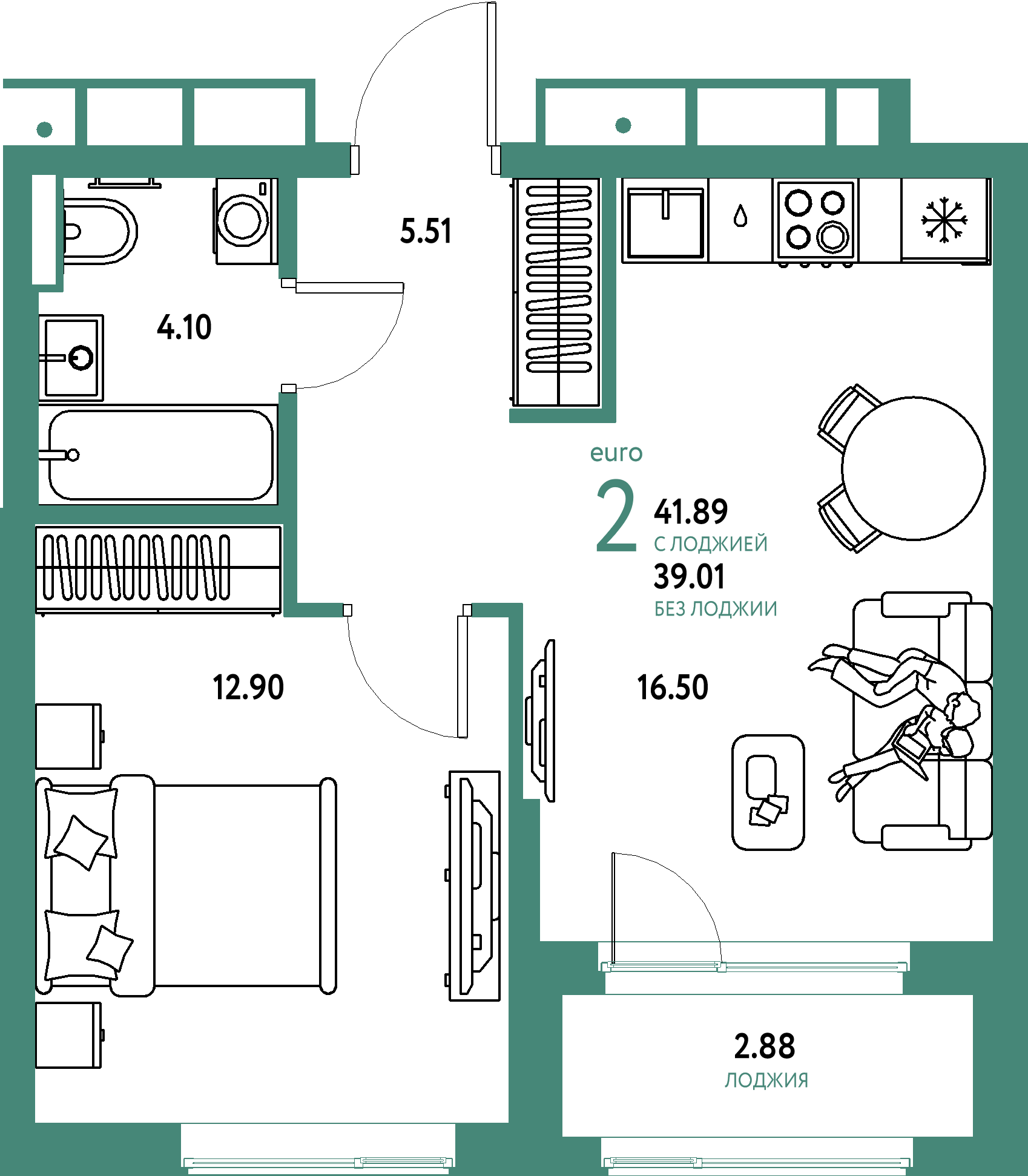 ЖК "Страна.Парковая"-2-комнатная 41.89 м²