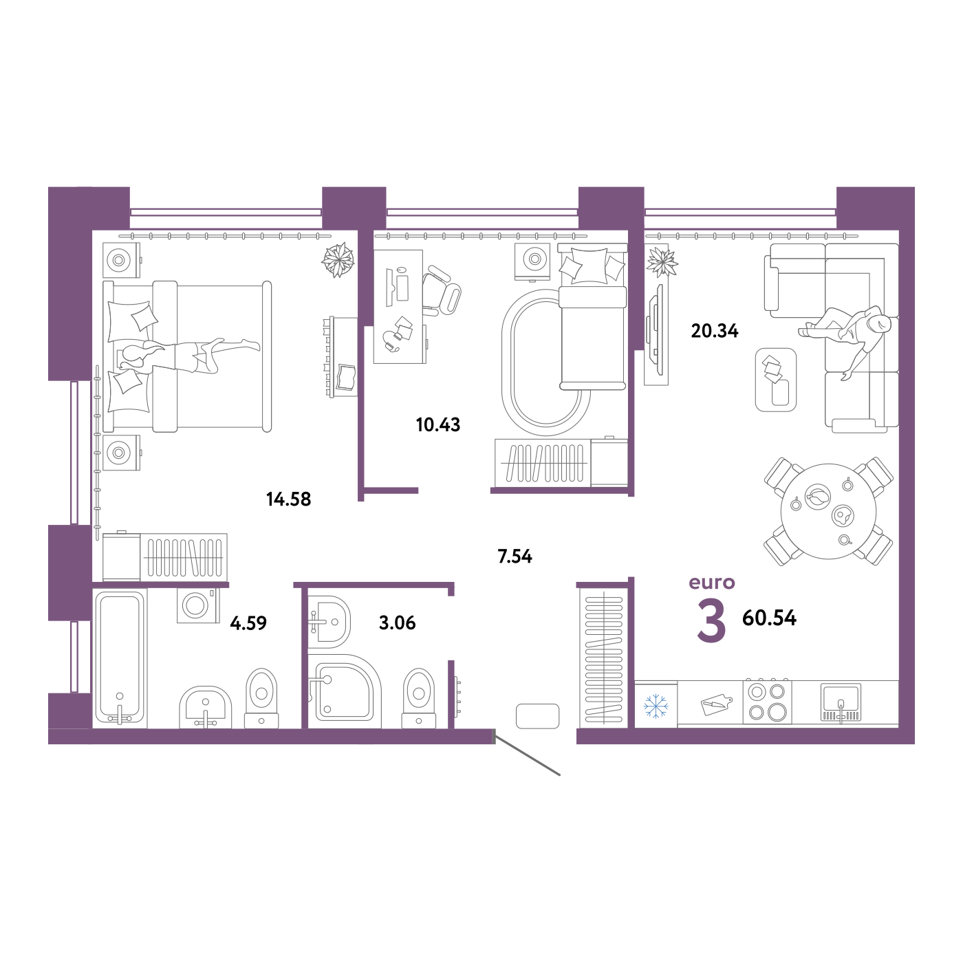 Планировка: Евротрешка 60.5 м² в ЖК Сердце Сибири, Центр: КПД