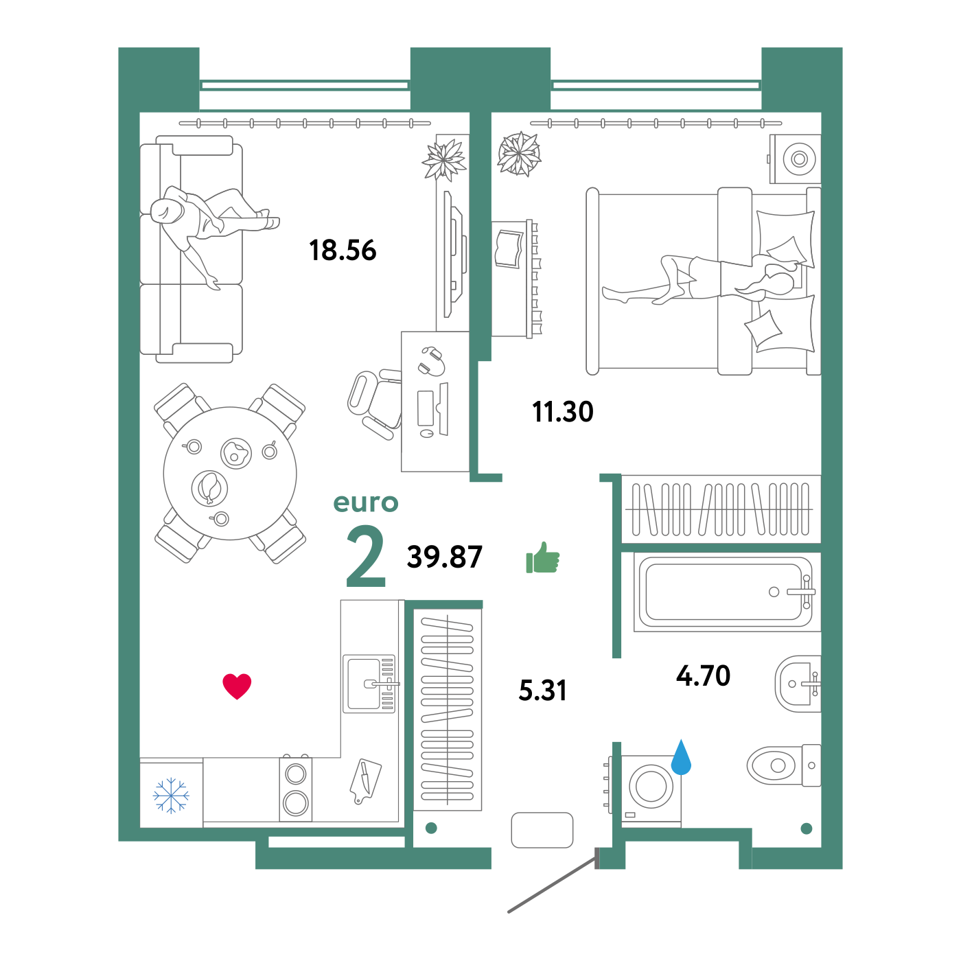 Планировка: Евродвушка 39.9 м² в ЖК Сердце Сибири, Центр: КПД