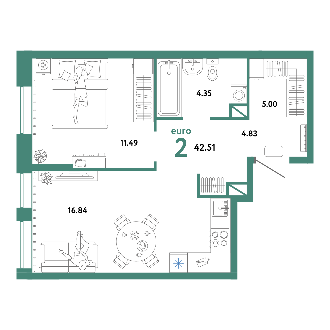 Планировка: Евродвушка 42.5 м² в ЖК Юнион, Плеханово