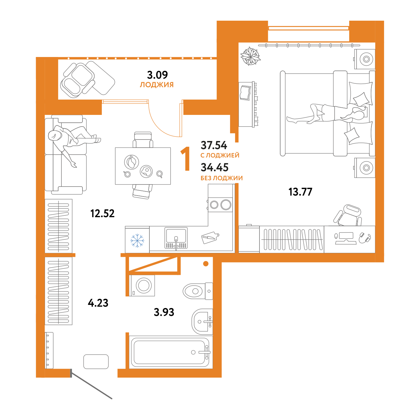Планировка: 1-комнатная 37.5 м² в ЖК Юнион, Плеханово