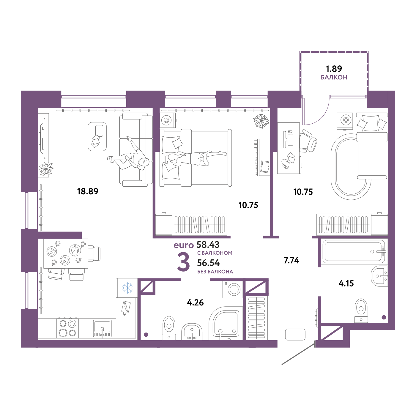 Планировка: Евротрешка 58.4 м² в ЖК Юнион, Плеханово