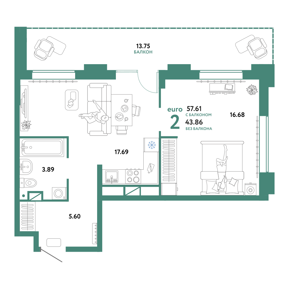 Планировка: Евродвушка 57.6 м² в ЖК Домашний, Плеханово