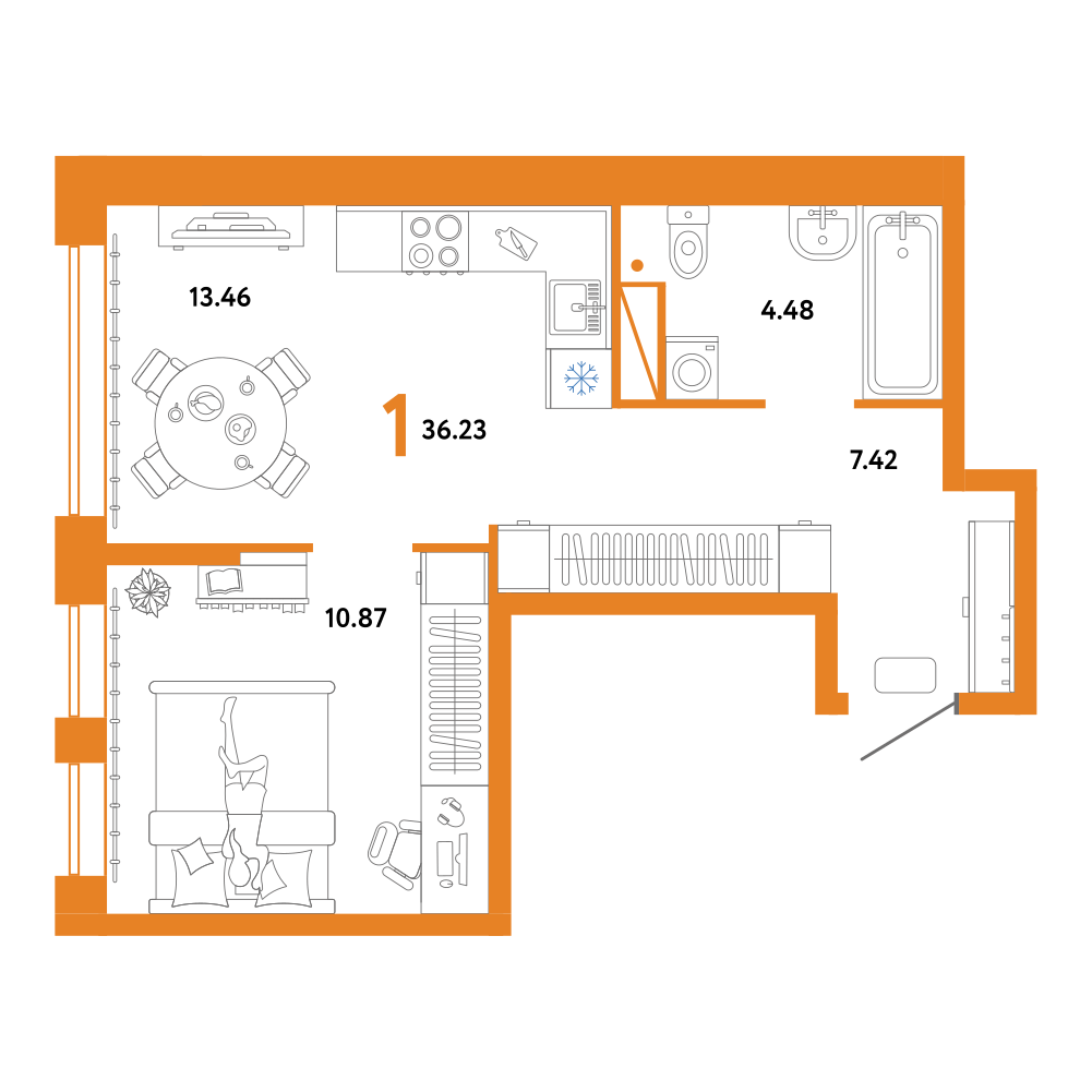 Планировка: Евродвушка 36.2 м² в ЖК Домашний, Плеханово