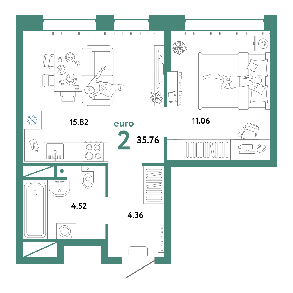Планировка: Евродвушка 35.8 м² в ЖК Домашний, Плеханово