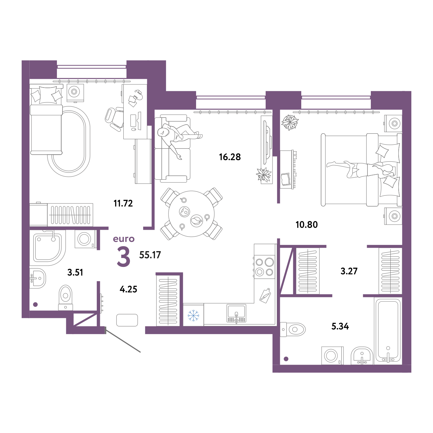 Планировка: Евротрешка 55.2 м² в ЖК Юнион, Плеханово