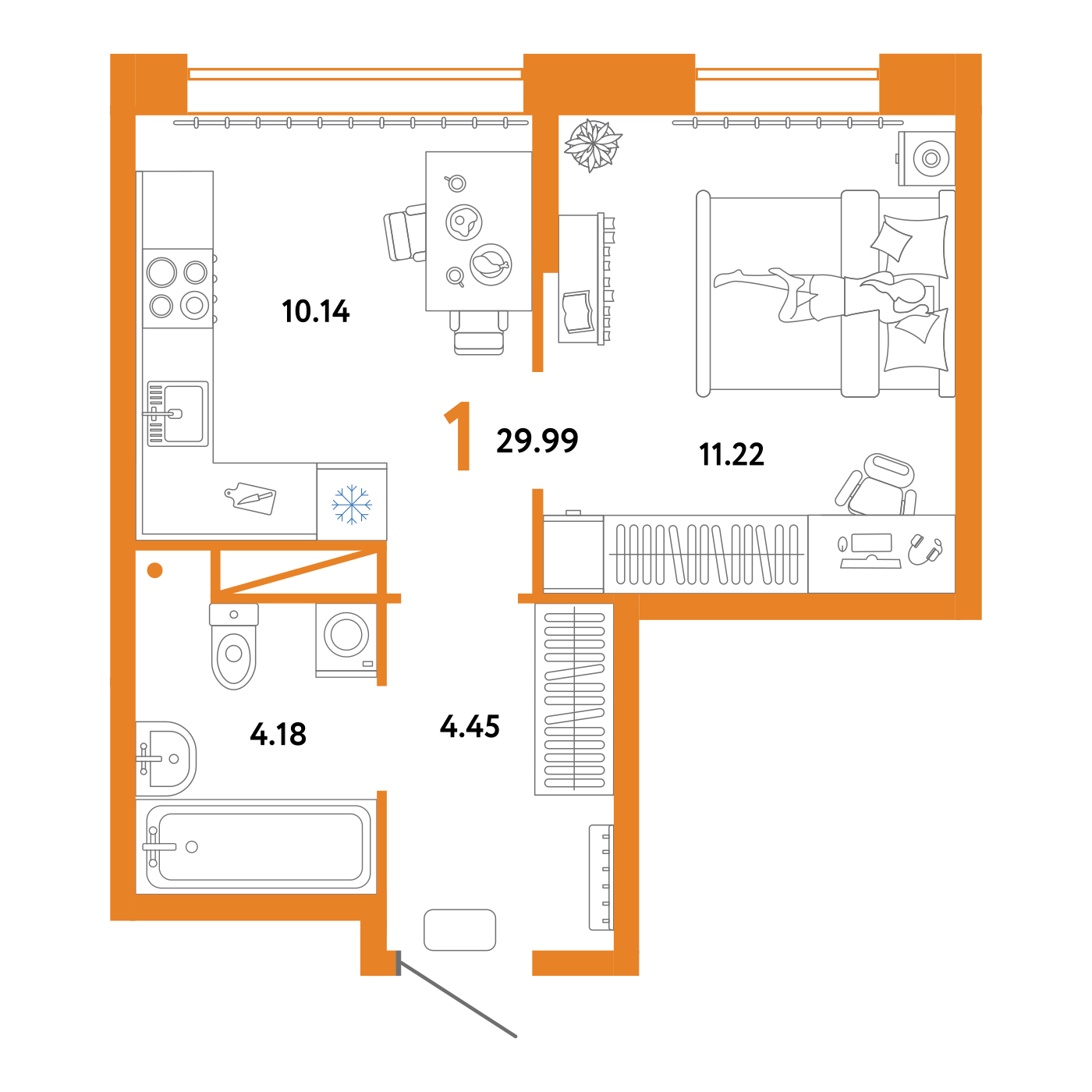 Планировка: 1-комнатная 30 м² в ЖК Юнион, Плеханово