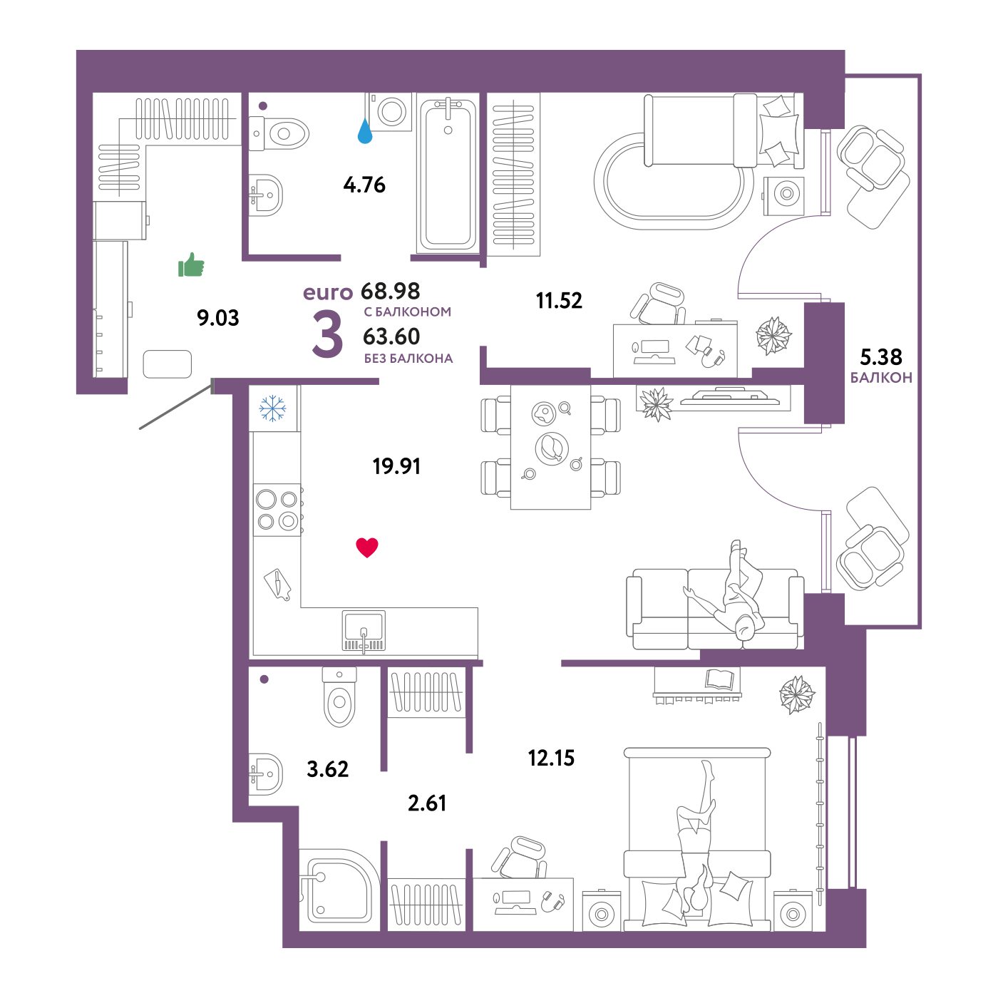 Купить 3-комнатную квартиру 68.09м², этаж №5 кв №37 в ЖК "Юнион", дом ...