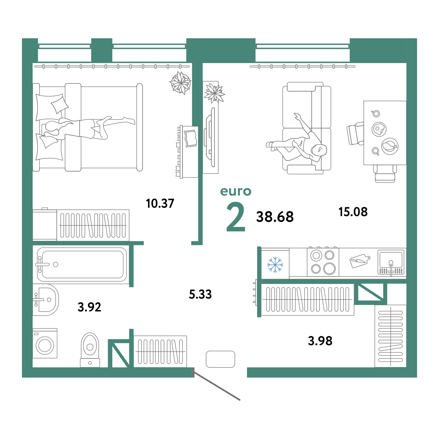 Планировка: Евродвушка 38.7 м² в ЖК Юнион, Плеханово