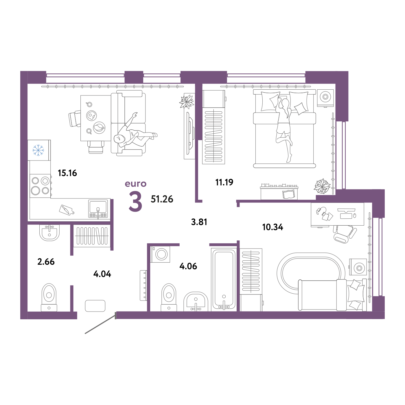 Планировка: Евротрешка 51.3 м² в ЖК Сердце Сибири, Центр: КПД