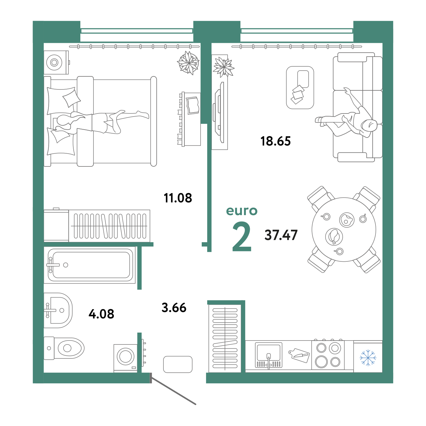 Планировка: Евродвушка 37.5 м² в ЖК Сердце Сибири, Центр: КПД