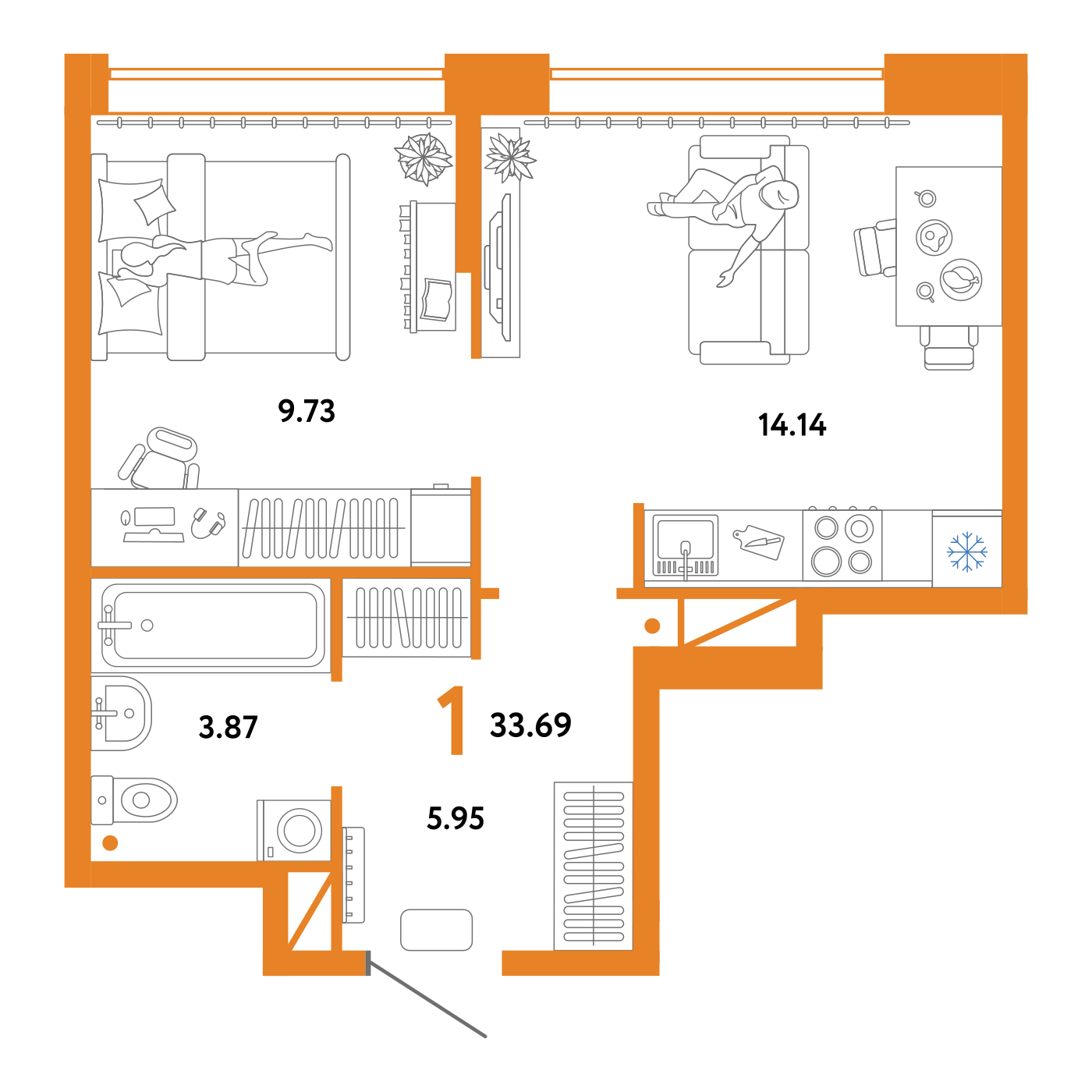 Планировка: Евродвушка 33.7 м² в ЖК Юнион, Плеханово