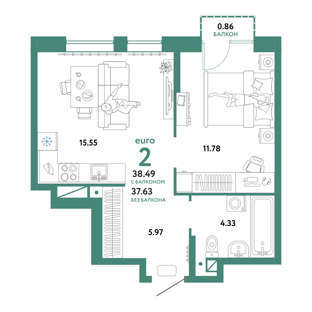 Планировка: Евродвушка 38.5 м² в ЖК Домашний, Плеханово