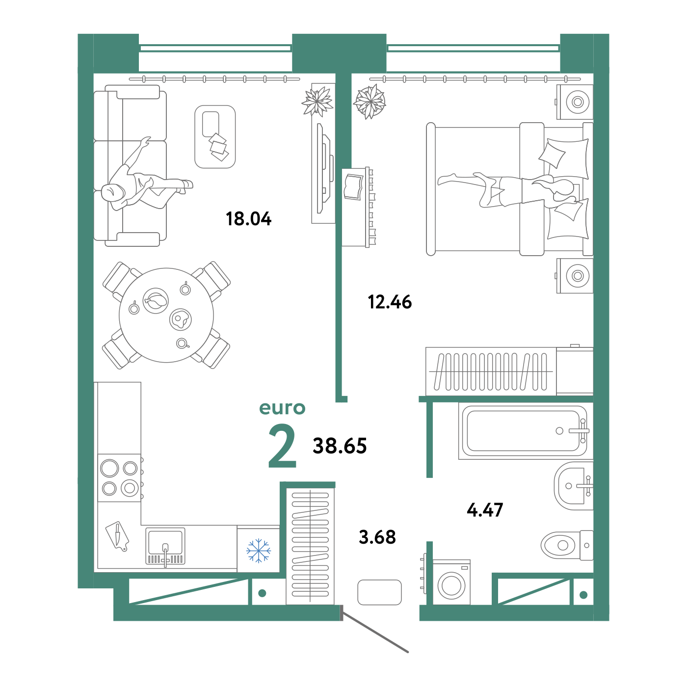 Планировка: Евродвушка 38.6 м² в ЖК Домашний, Плеханово