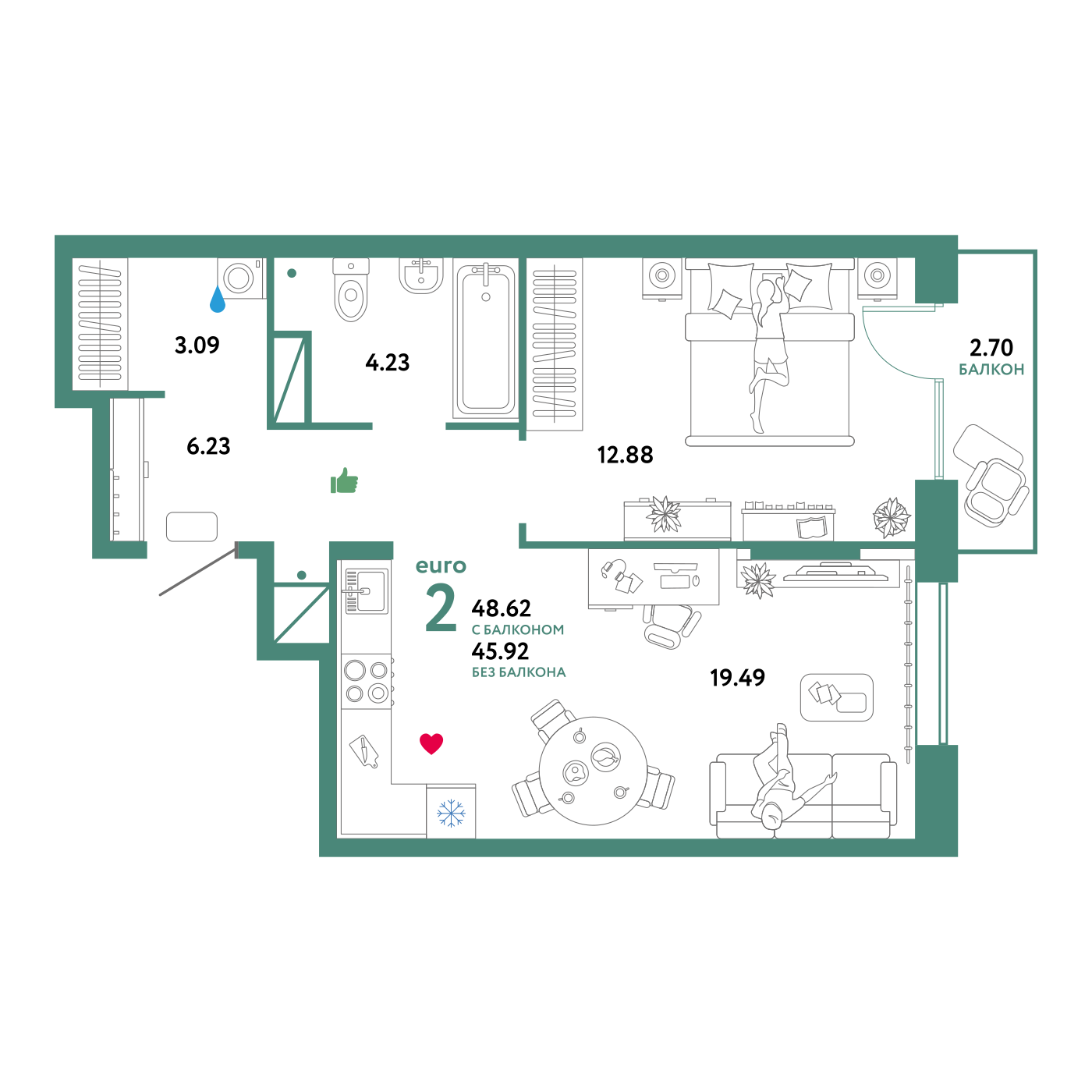 Купить 2-комнатную квартиру 48.62м², этаж №5 кв №214 в ЖК "Юнион", дом ...