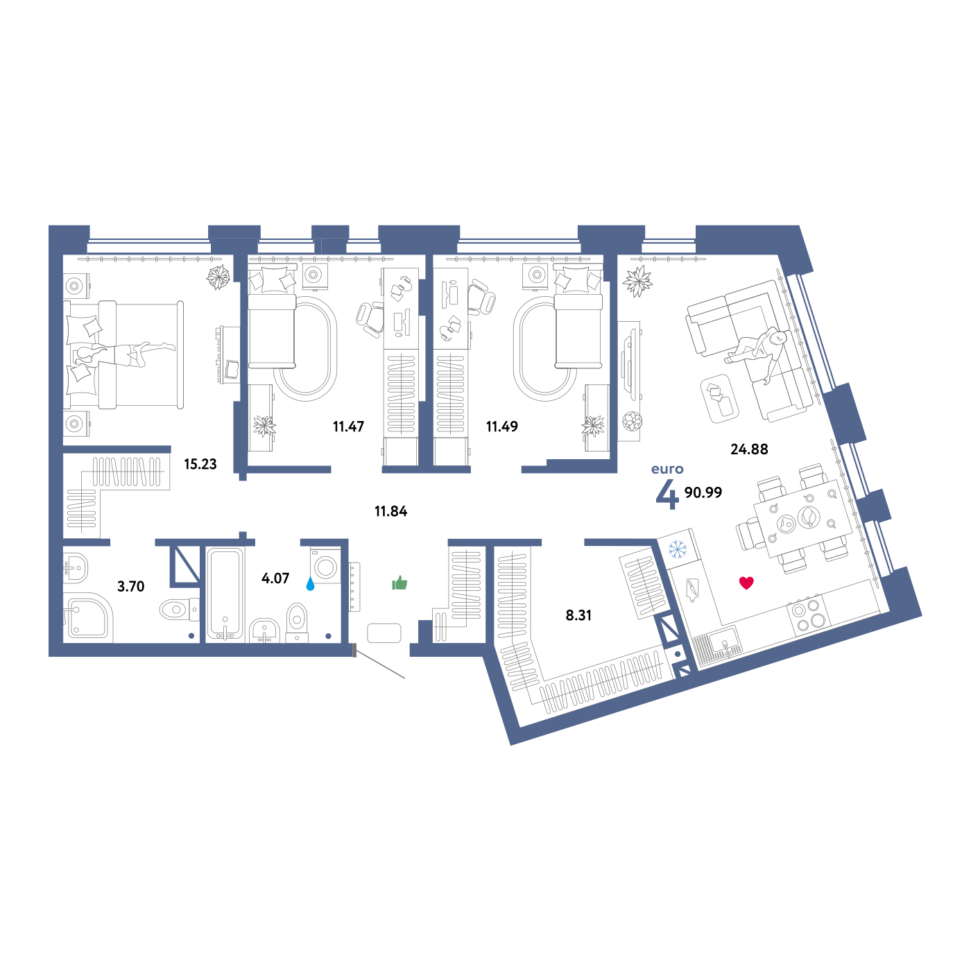 Планировка: 4-комнатная 91 м² в ЖК Домашний, Плеханово