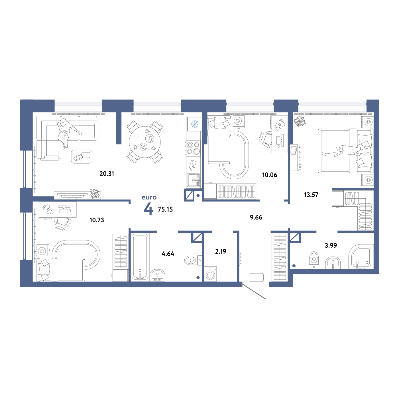 Планировка: 4-комнатная евро 75.2 м² в ЖК Юнион, Плеханово