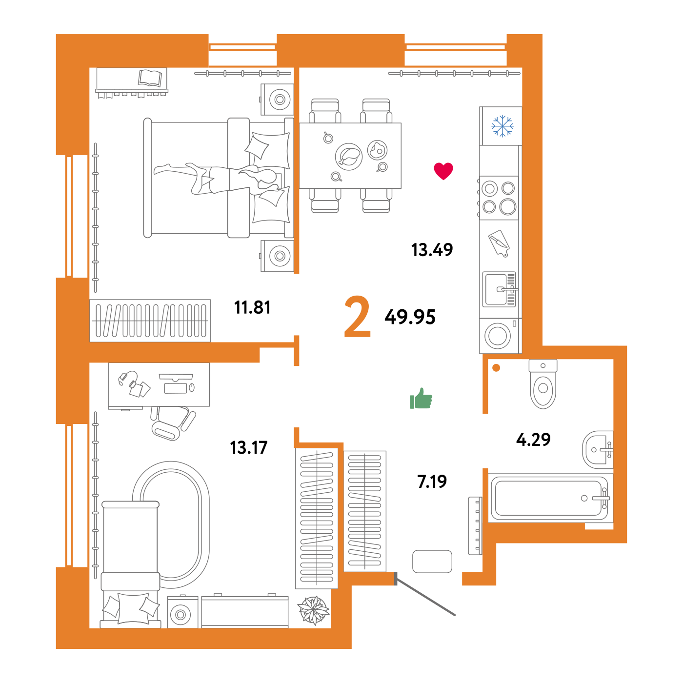 Купить 2-комнатную квартиру 50.57м², этаж №11 кв №245 в ЖК "Сердце ...