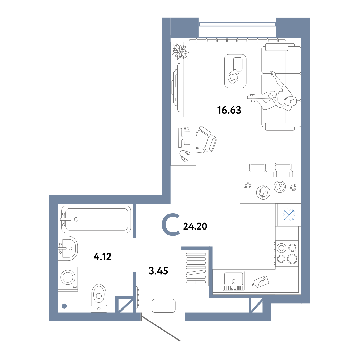 Планировка: Студия 24.2 м² в ЖК Юнион, Плеханово