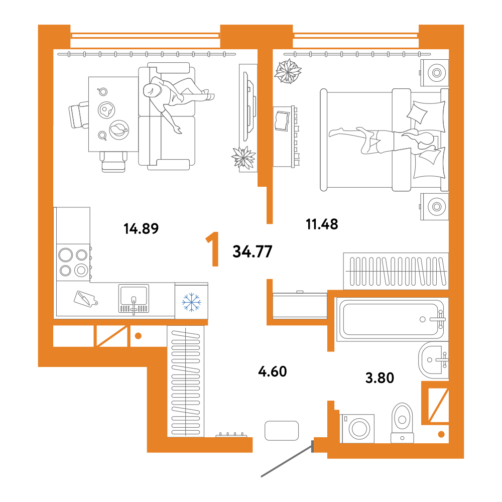 Планировка: Евродвушка 34.8 м² в ЖК Европейский берег 2.0, Европейский