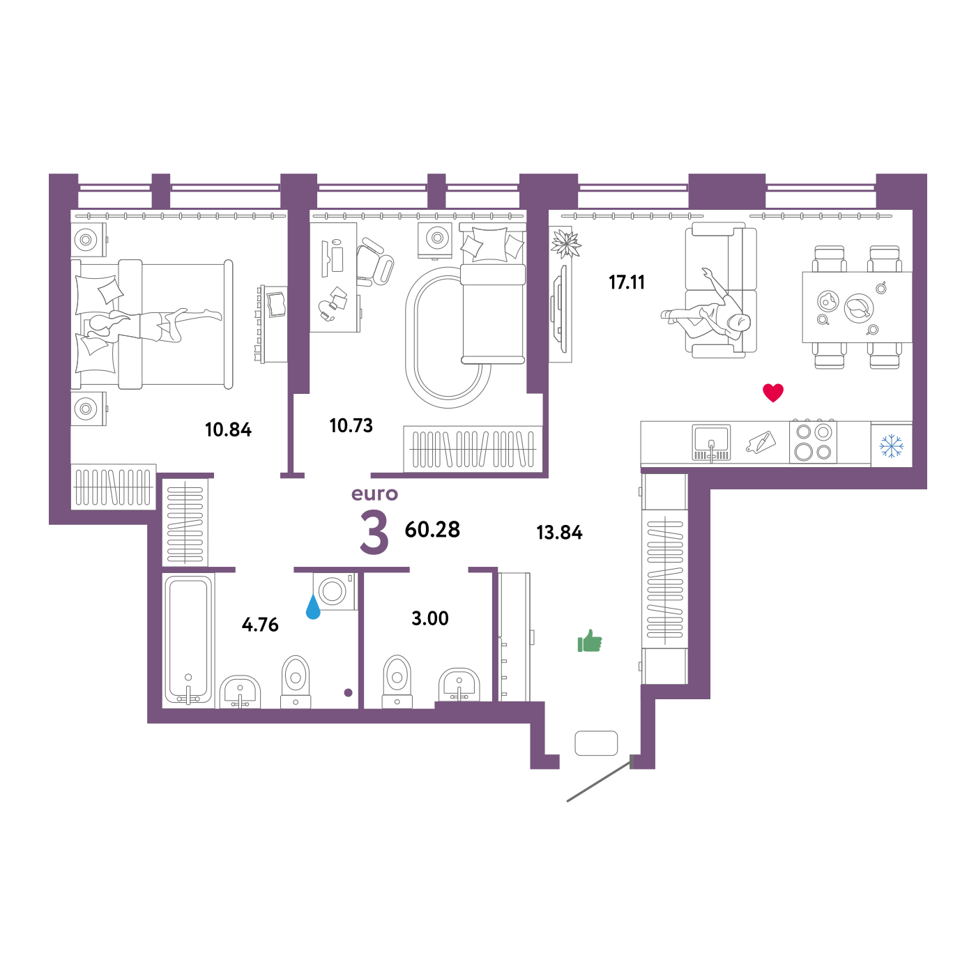Купить 3-комнатную квартиру 61.85м², этаж №20 кв №336 в ЖК \"Сердце ...