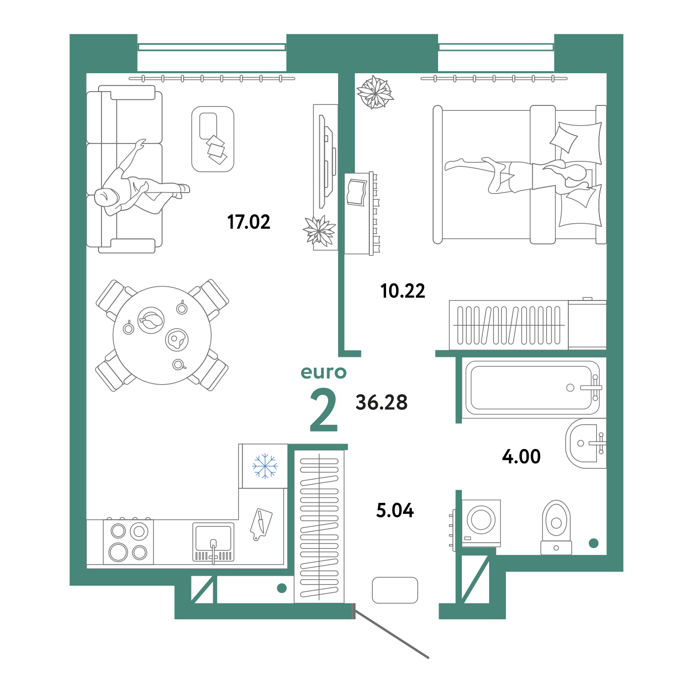 Планировка: Евродвушка 36.3 м² в ЖК Юнион, Плеханово