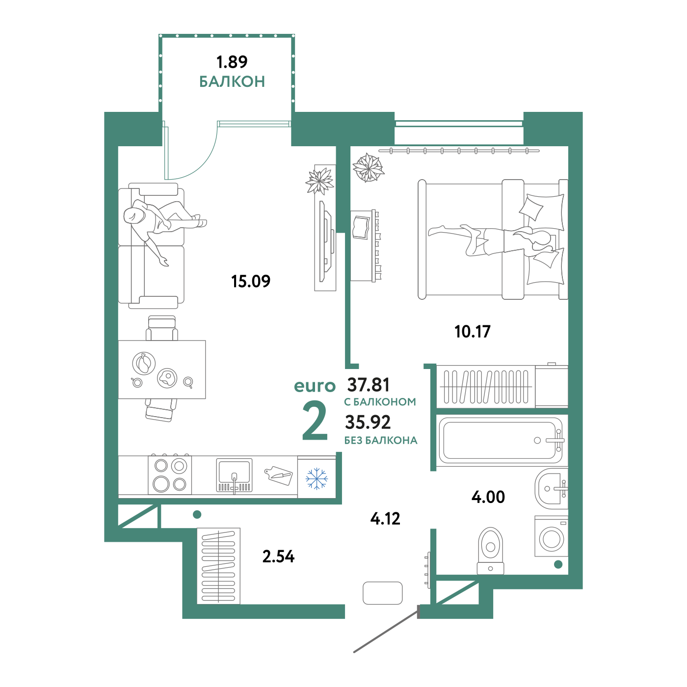 Планировка: Евродвушка 37.8 м² в ЖК Юнион, Плеханово