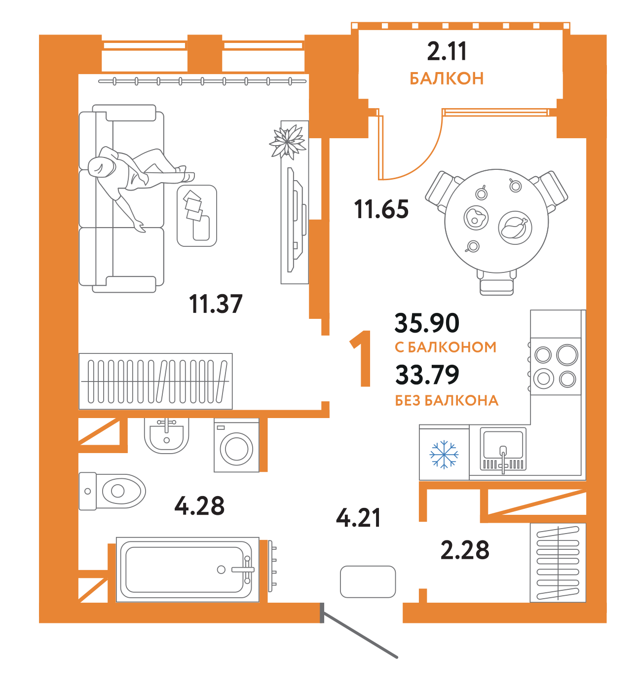 Купить 1-комнатную квартиру 35.9м², этаж №9 кв №91 в ЖК "Домашний", дом ...