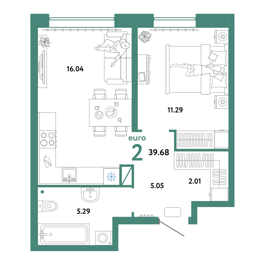 Планировка: Евродвушка 39.7 м² в ЖК Домашний, Плеханово