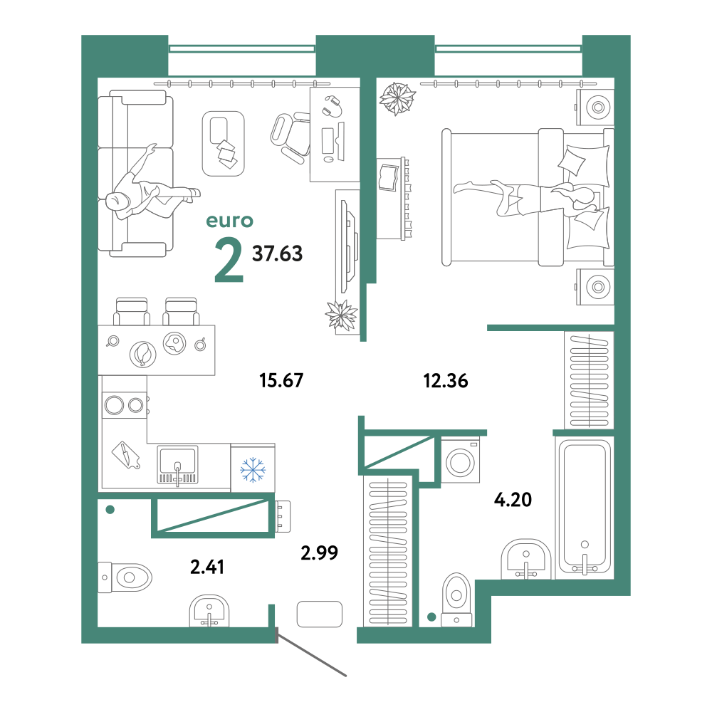 Планировка: Евродвушка 37.6 м² в ЖК Европейский берег 2.0, Европейский