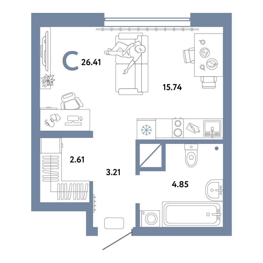 Планировка: Студия 26.4 м² в ЖК Европейский берег 2.0, Европейский