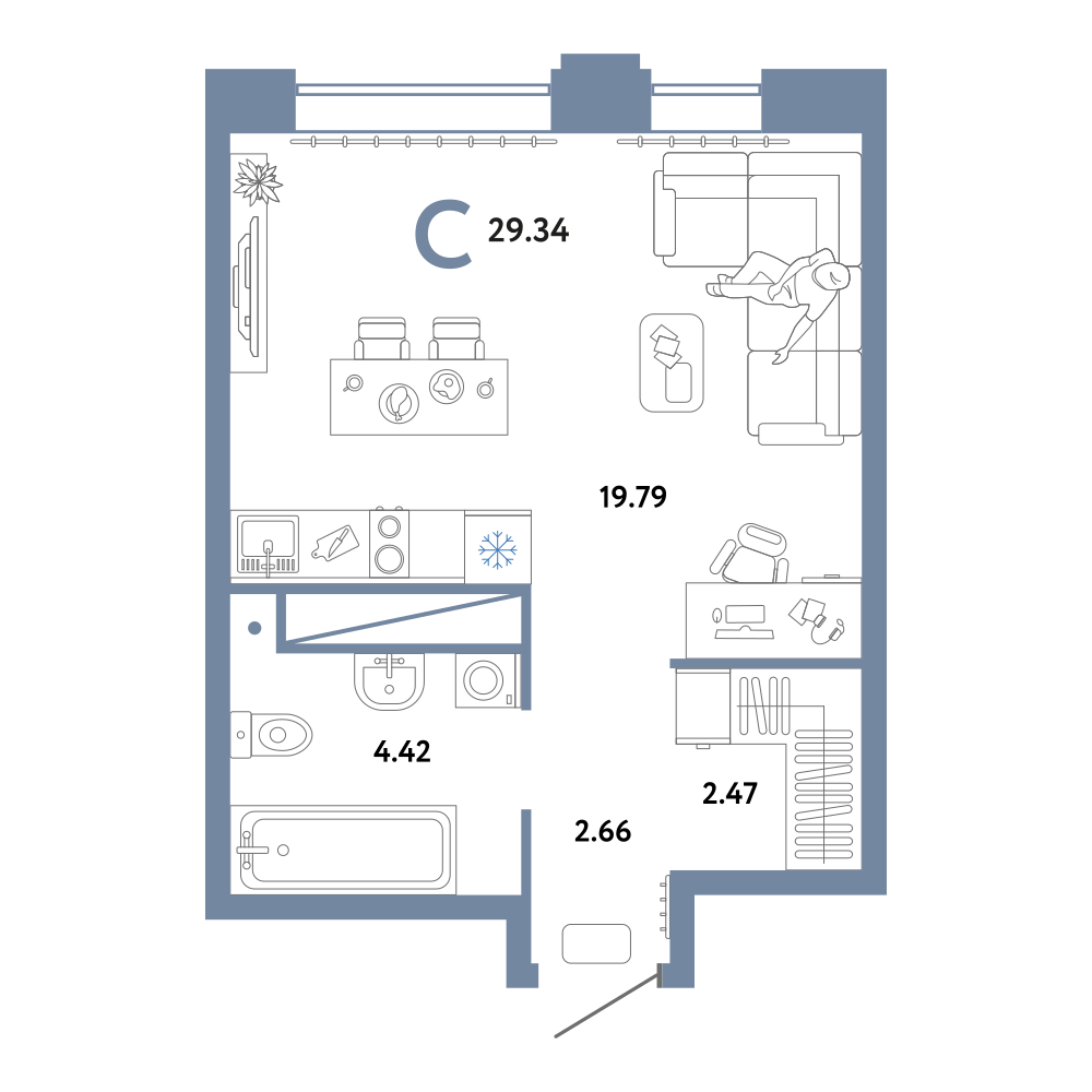 Планировка: Студия 29.3 м² в ЖК Европейский берег 2.0, Европейский