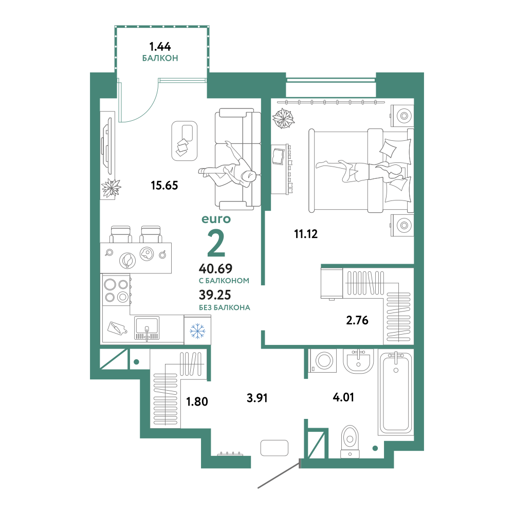 Планировка: Евродвушка 40.7 м² в ЖК Европейский берег 2.0, Европейский