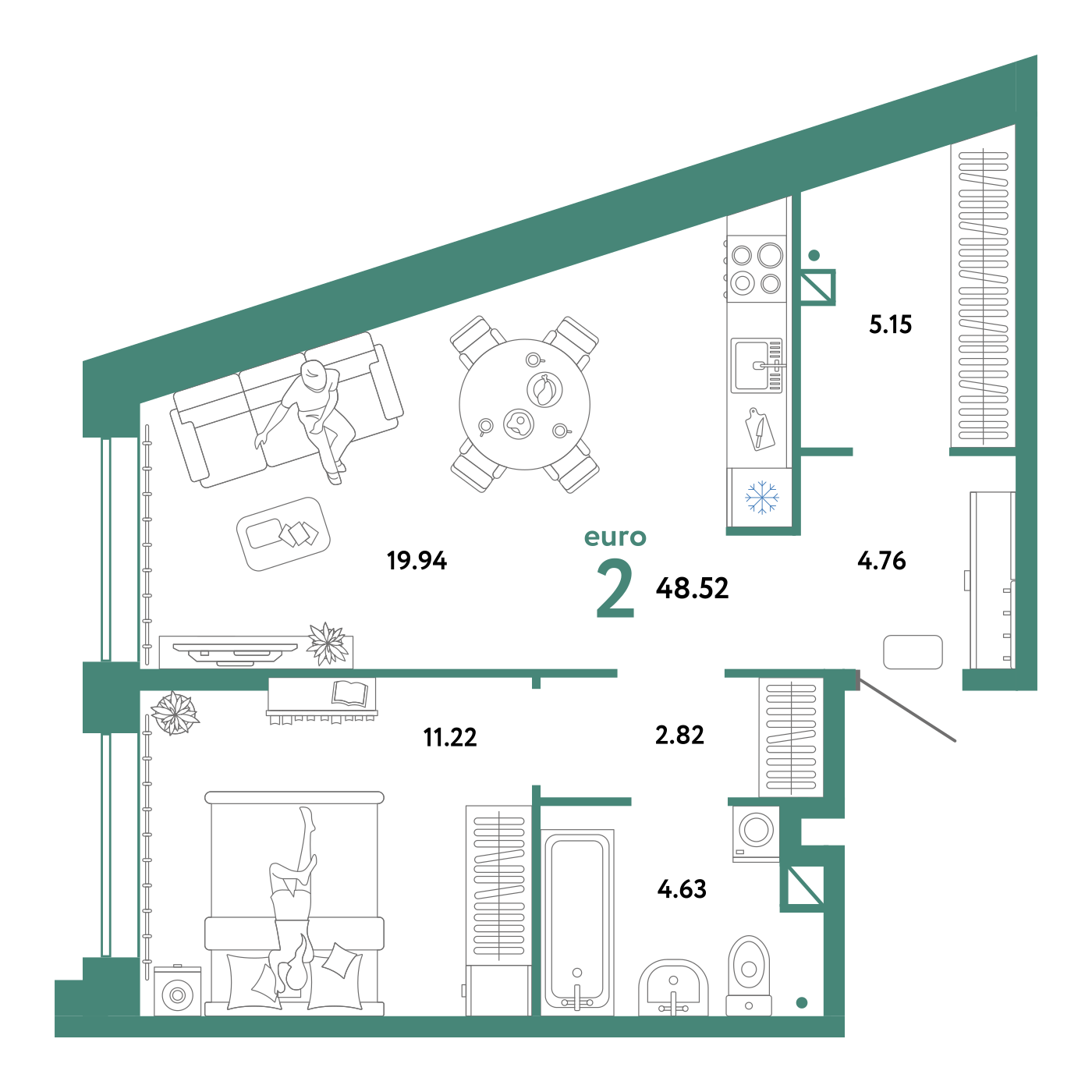 Планировка: Евродвушка 48.5 м² в ЖК Домашний, Плеханово